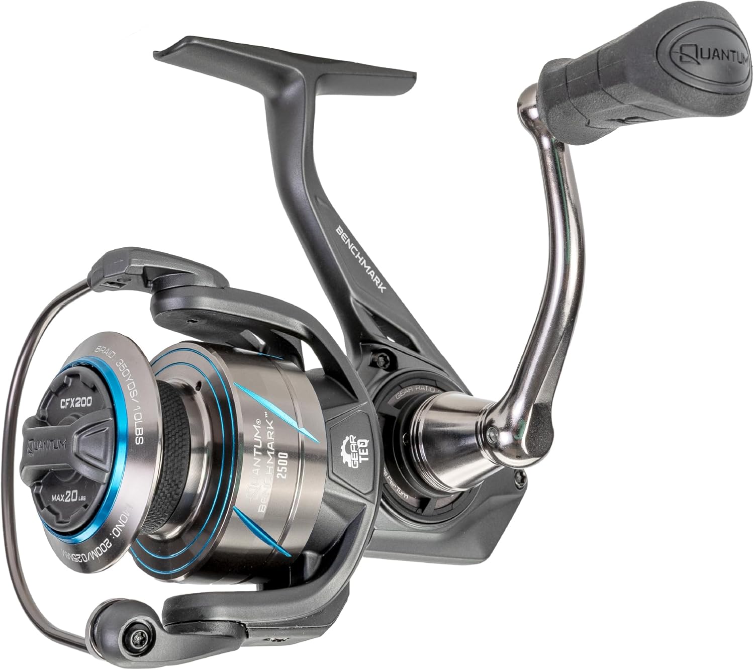 Quantum Benchmark Spinning Fishing Reel, 5+1 Bearings, Aluminum Frame, SEALOQ 6 Protection, GEARTEQ Machined Gears, CFX200 Carbon Fiber Drag, Silver/Blue