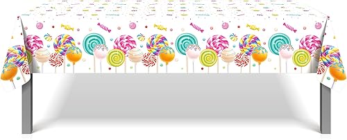 Miniatura 3 de CC HOME 1 mantel de plástico para fiesta de piruletas de 54 x 87 pulgadas, mantel rectangular largo para bufé, fiesta de piruletas coloridas, cena