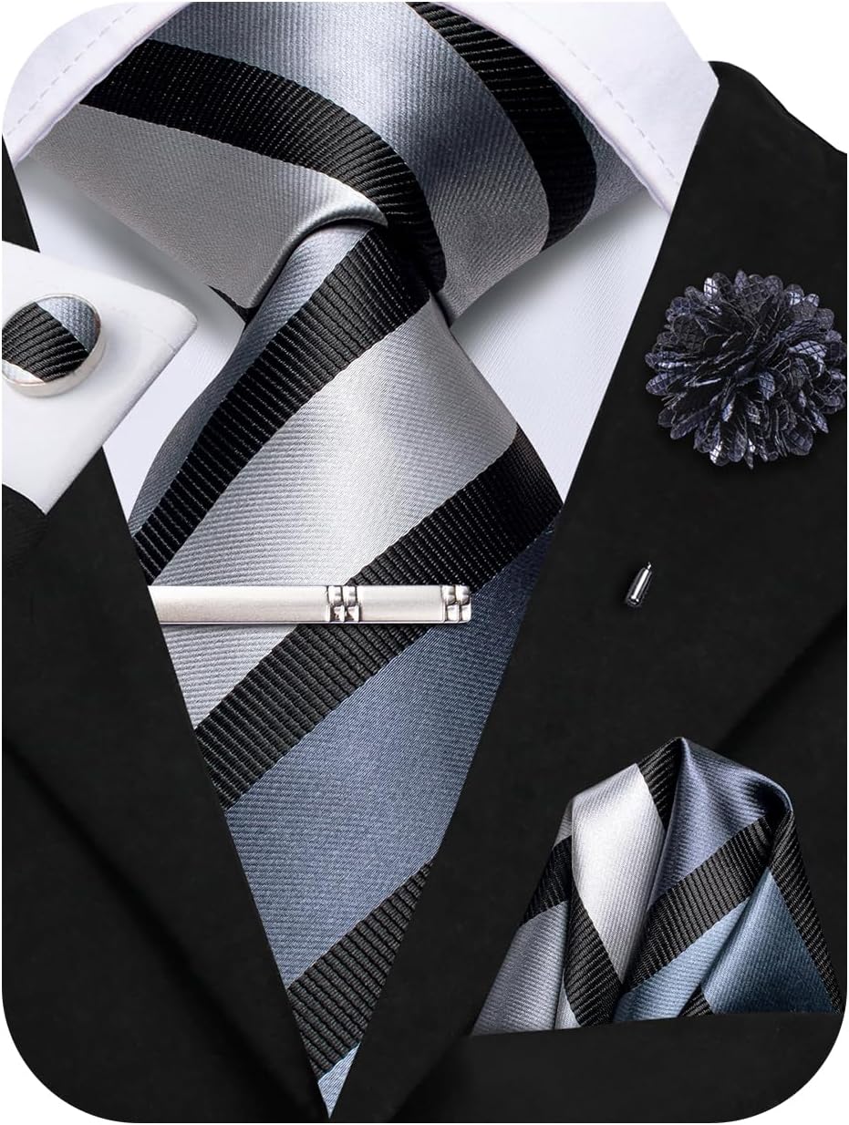 Hi-Tie Mens Paisley Floral Striped Ties Set Silk Necktie and Lapel Pin for Men Pocket Square Cufflinks Set Business Wedding