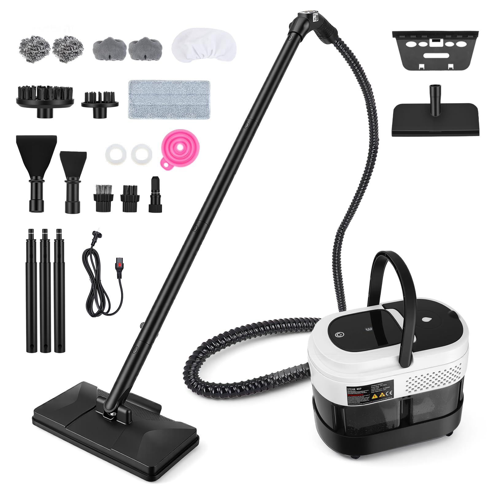 Limpiador de Vapor con Depósito 1,6L, Limpiadores de Vapor con Fregona 1500W Limpiador Multiusos, Kit Accesorios 21 Piezas para Suelos, Baldosas, Alfombras, Ventanas