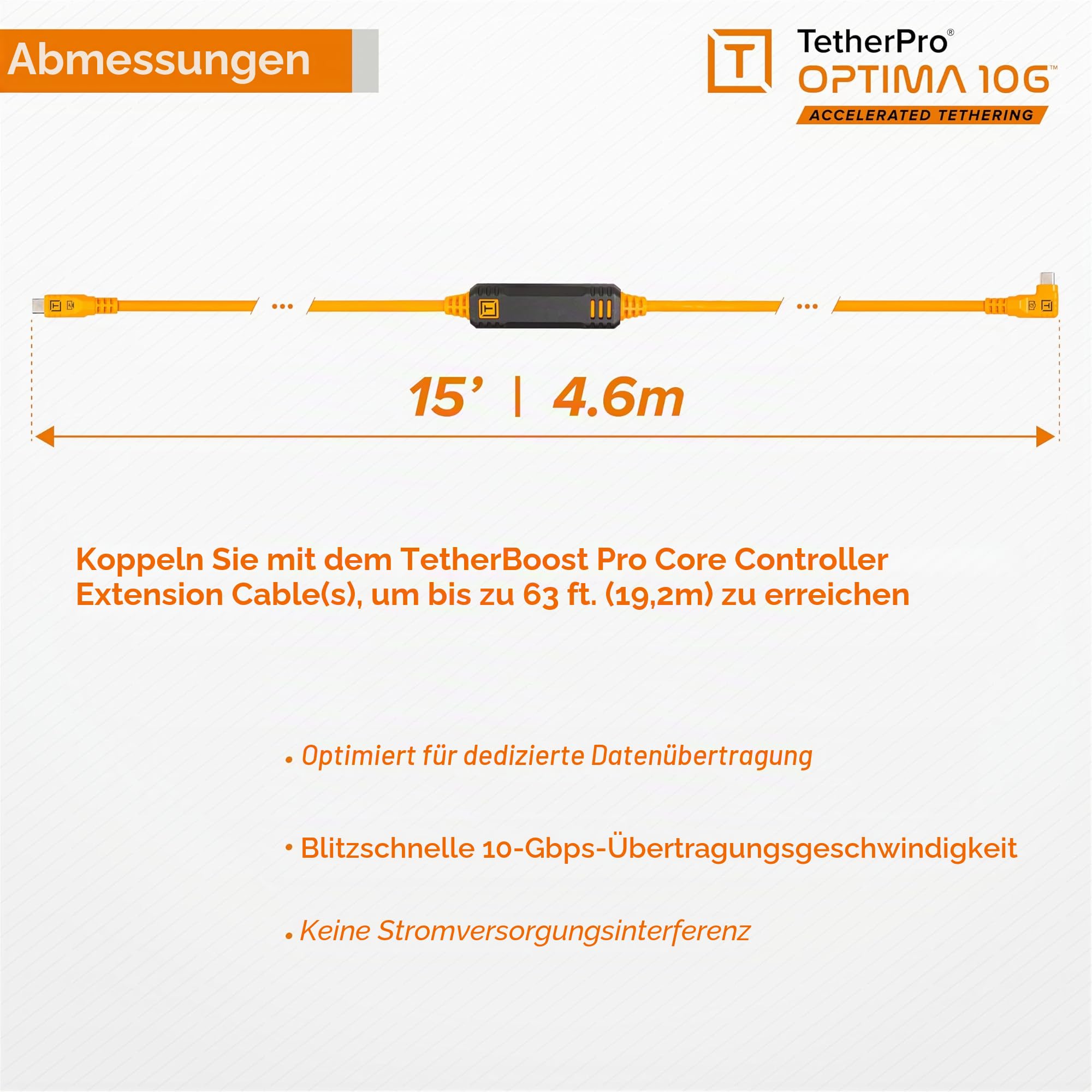 TetherPro Optima 10Gbps Gen 2 USB-C, 4,6 m, gerade nach rechts, hohe Sichtbarkeit, Orange | USB-C 3.2 Gen 2 aktives Datenkabel, Orange, ohne Pd
