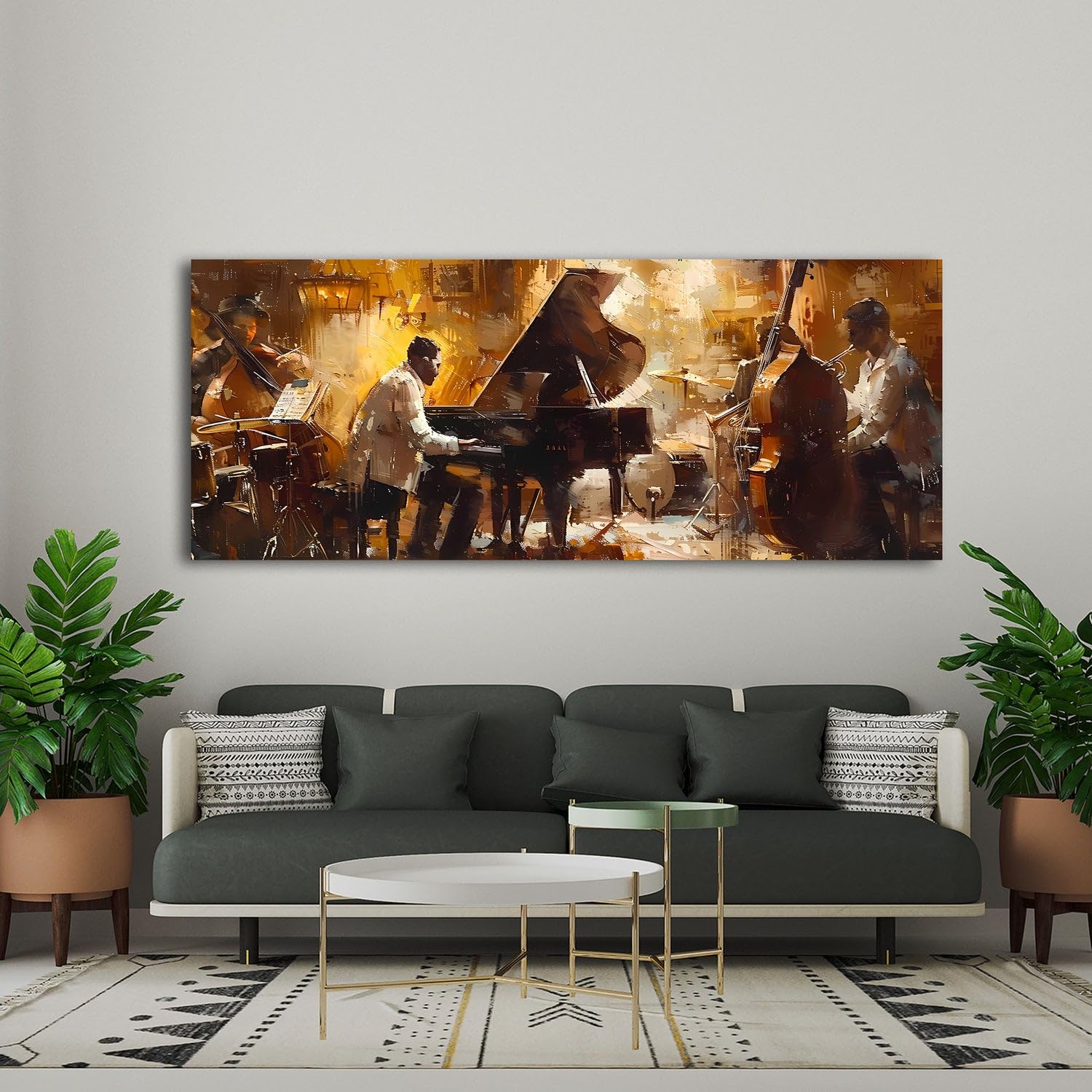 ARTEDinoi Jazz Band Ölgemälde Klavier Kontrabass Bühne Leinwandbild XL | Jazz-Band mit Klavier und Kontrabass