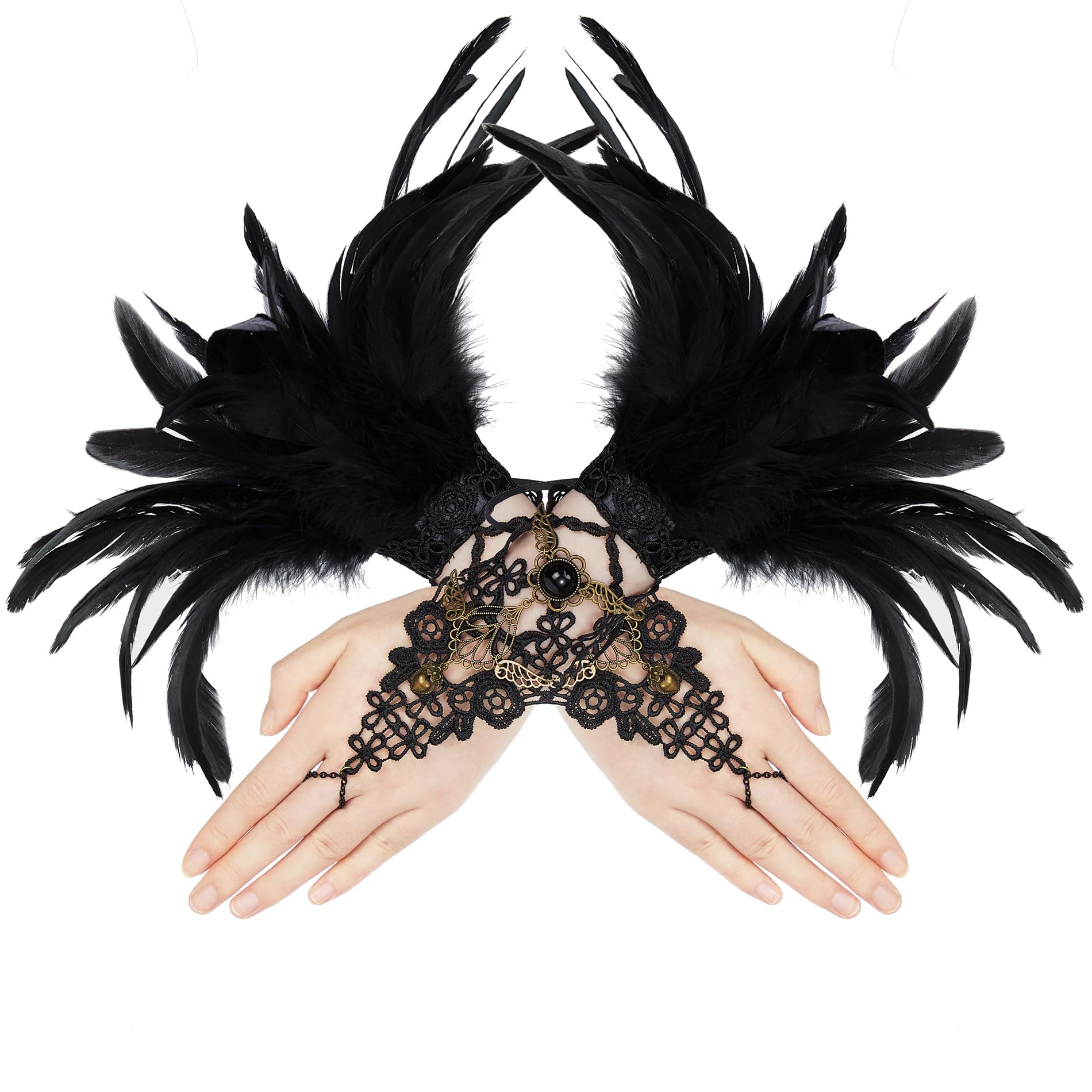 Zando Guanti lunghi da donna in pizzo con piume, guanti per costume di Halloween, gotici, senza dita, con polsini al polso, confezione da 2, Punk Nero, taglia unica