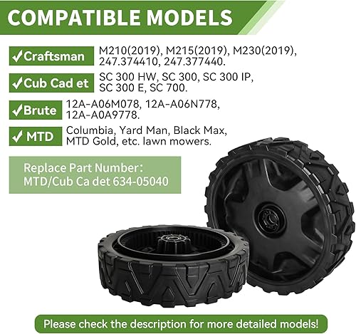 Miniatura 5 de Paquete de 2 ruedas de repuesto 634-05040 para cortacésped Craftsman, montaje de rueda de 8 pulgadas, ruedas delanteras compatibles con cortacésped