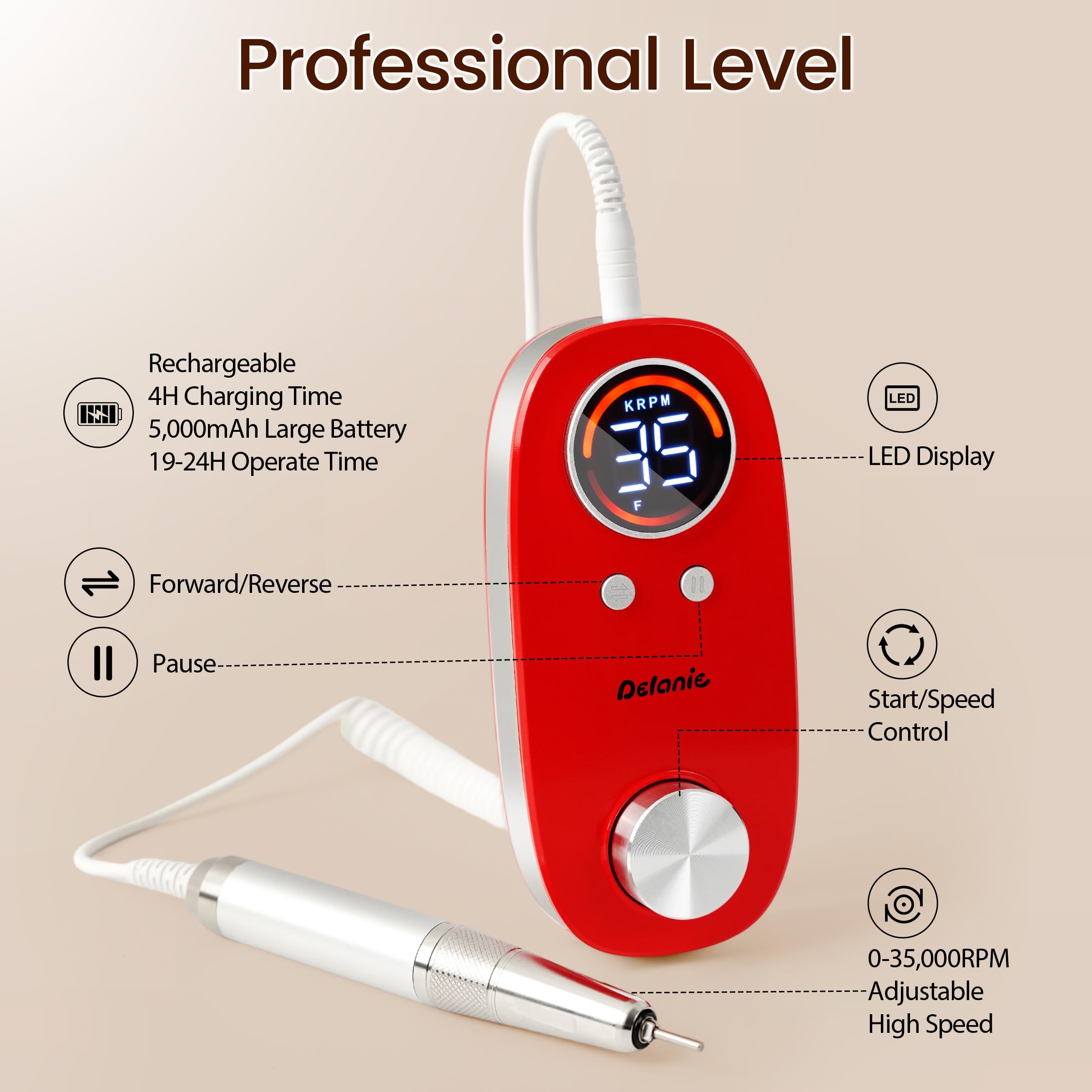 Delanie Torno para Uña con motor sin núcleo profesional de 35 000 rpm, inalámbrica recargable de 5000 mAh con pausa Bonton para manicura y pedicura, incluye 7 puntas y 36 bandas abrasivas, rojo