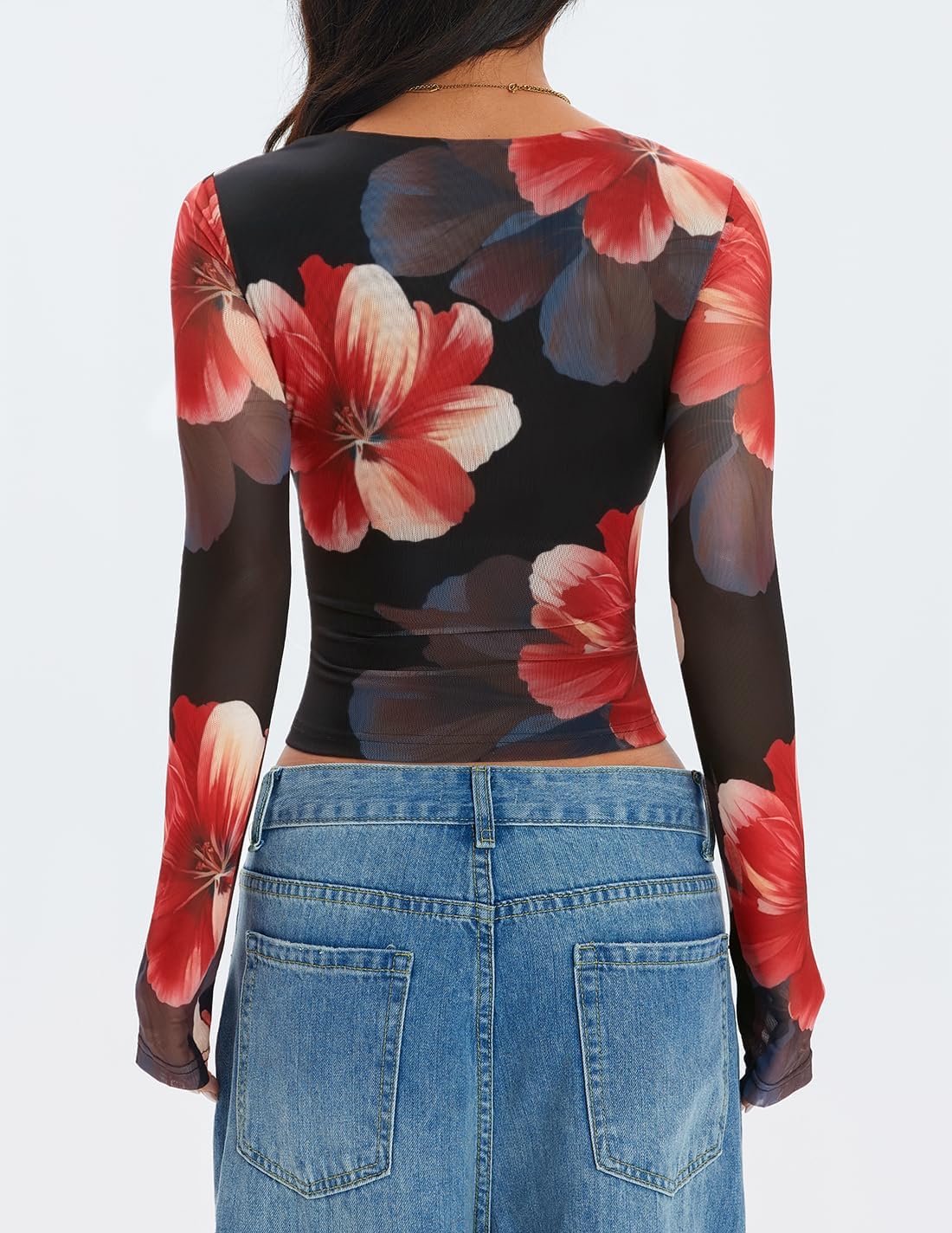 ZESICA Womens Floral Mesh Long Sleeve Tops 2026 Fall Cowl Neck Slim Fit Going Out Y2k Shirts Trendy Date Night Outfits - Image 4