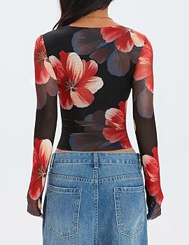 ZESICA Womens Floral Mesh Long Sleeve Tops 2025 Fall Cowl