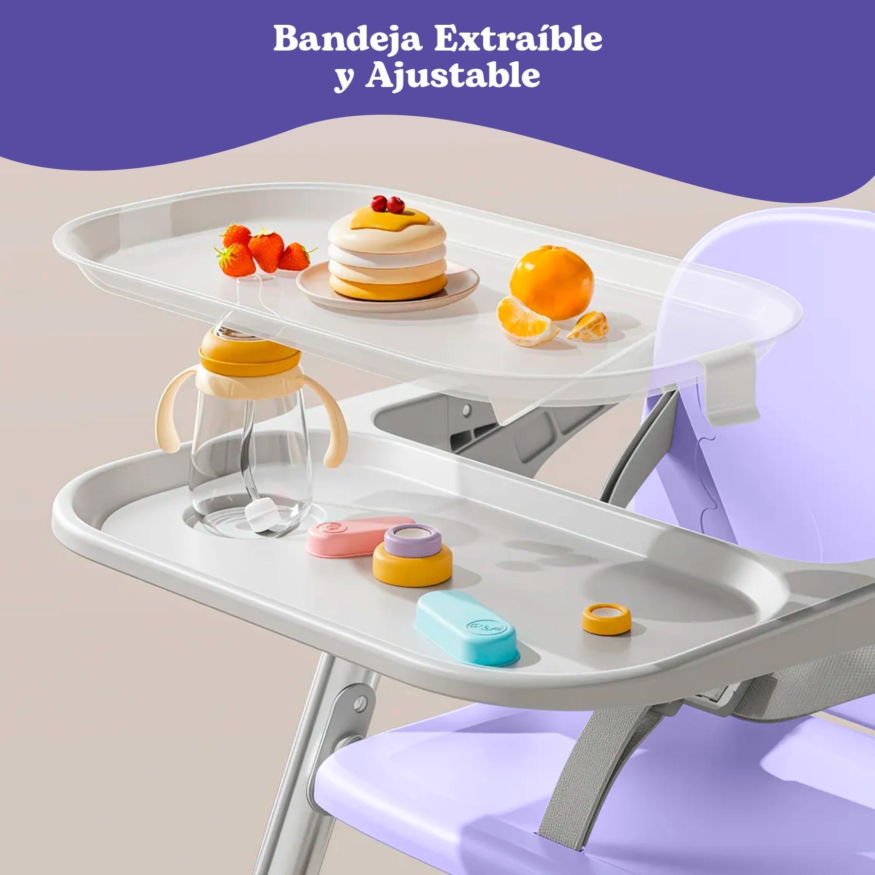 Chaise Haute Bébé Portable Pliable Premium 2 en 1, Rehausseur de Chaise avec Sangles de Fixation, 4 Hauteurs Réglables, Tablette Amovible, Sac de Transport, 6–36 Mois jusqu’à 15 kg (Lilas + Argent)