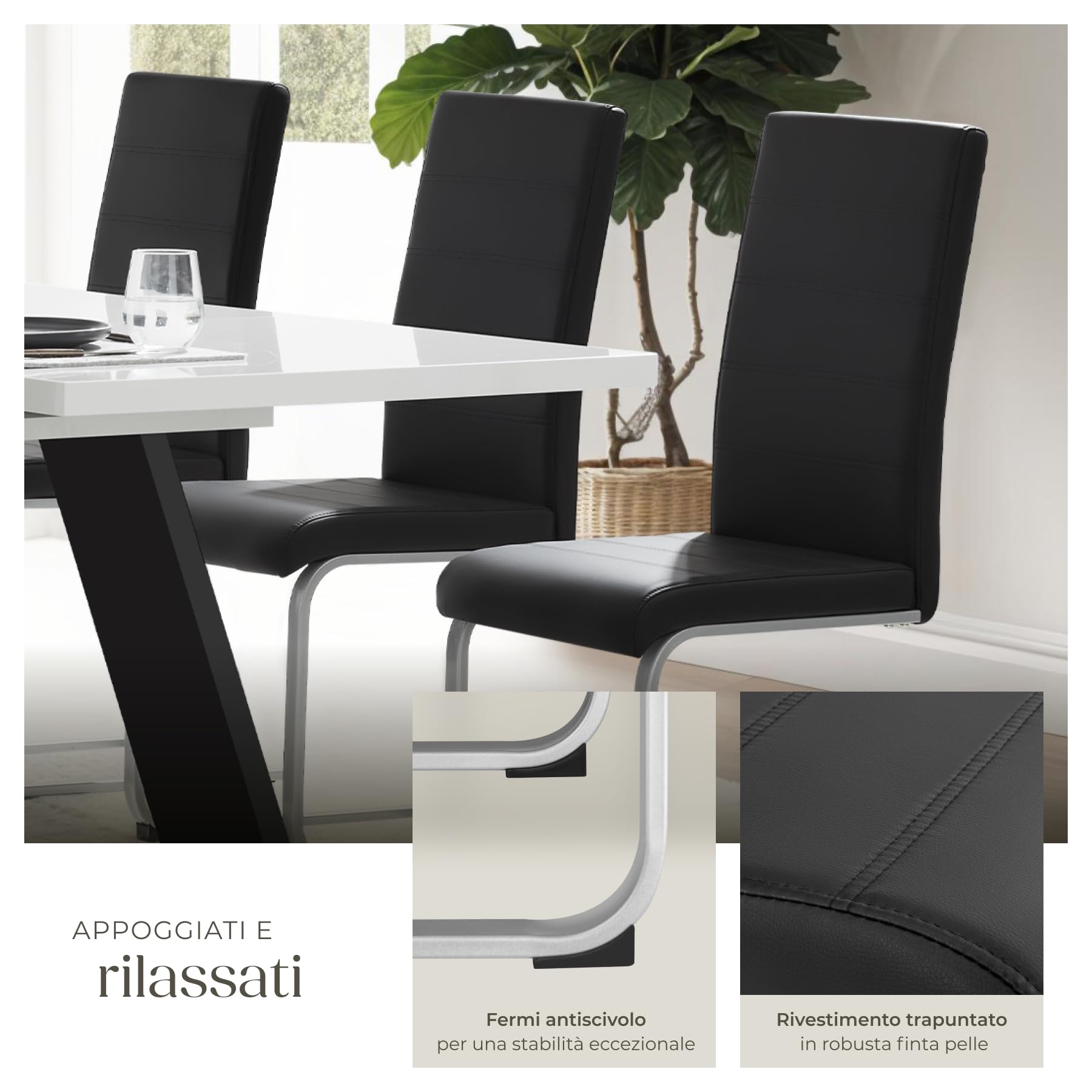 tectake® Set di 2 Sedie Sala da Pranzo, Schienale Ergonomico, Poltroncine in Similpelle Resistente, Sedie Sala da Pranzo Moderne Ideali per Cucina, Soggiorno e Camera da Letto - Nero