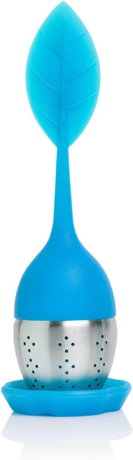 TEA DUNKERS Silicone Leaf Handle and Drip Tray Loose Leaf Long Handled Tea Infuser Strainers BLUE
