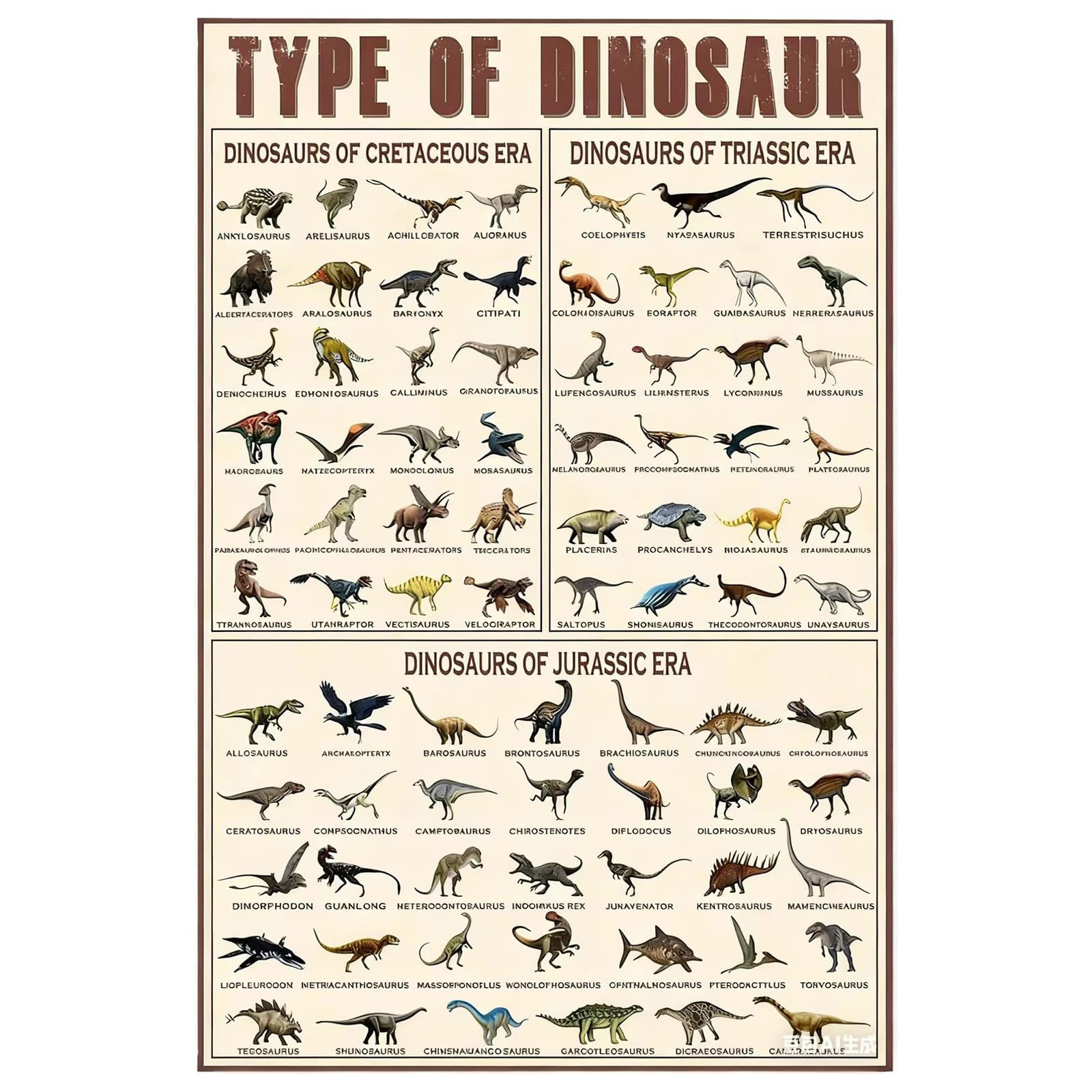 QGH Educational Dinosaur Poster – Types of Dinosaur Canvas Wall Art Print – Dinosaur Wall Art for Boys Bedroom – Dinosaur Room Decor for Home, Classroom & Study – 8 x 12 Inch