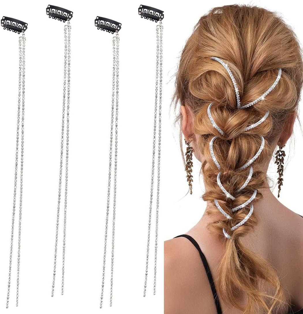 QEQSHQO 4 pièces Chaînes de Cheveux Strass Brillante Barrette Punk Crystal Tassel Cristal Brillant Bijoux pour Femmes et Filles Partie Anniversaire (Longue)