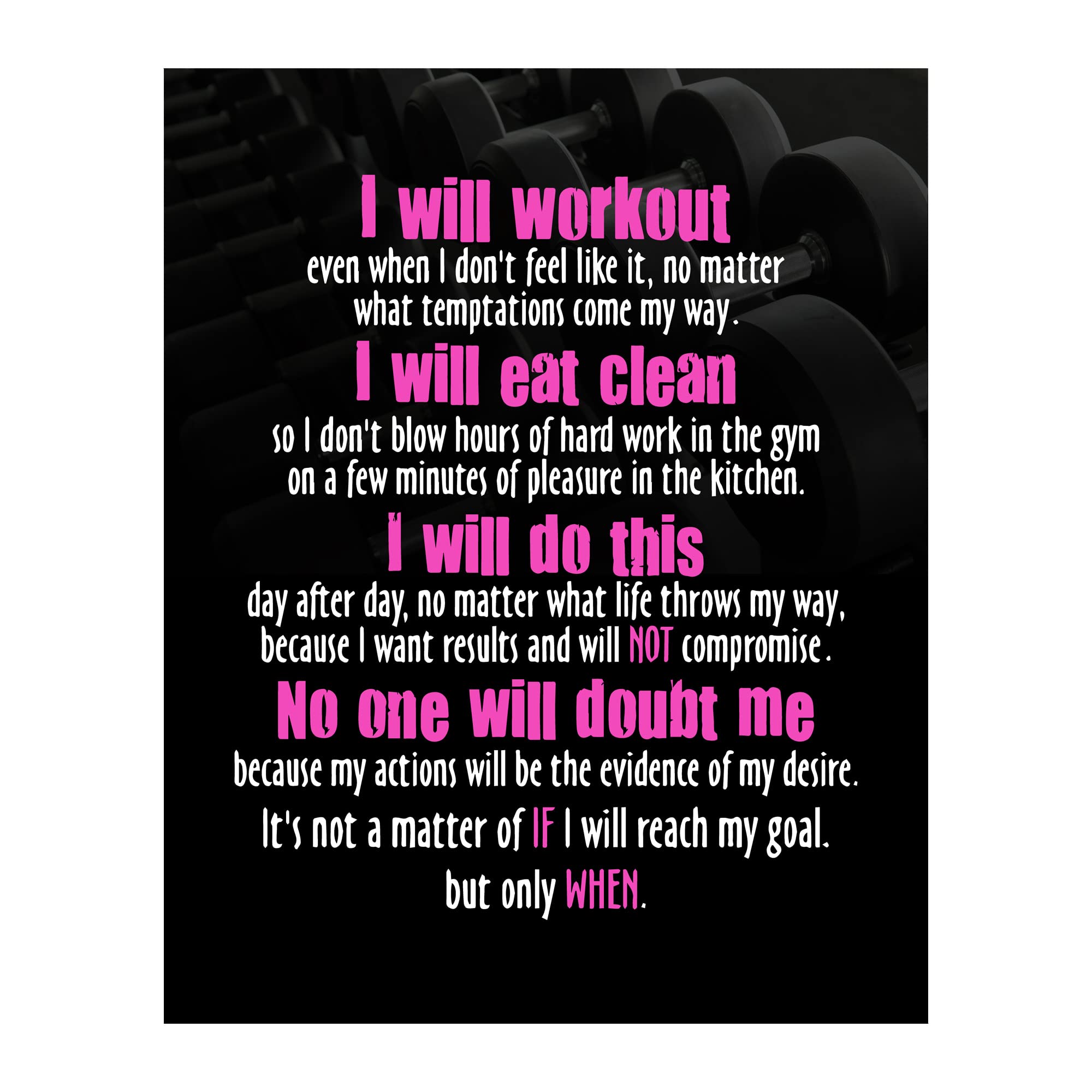 Motivational Workout Wall Art – “I Will Eat Clean & Work Out” Fitness Poster – Gym Affirmations for Women – 11x14 Print – Home Gym Decor, Clean Eating Mindset, Inspirational Gift Idea. Unframed