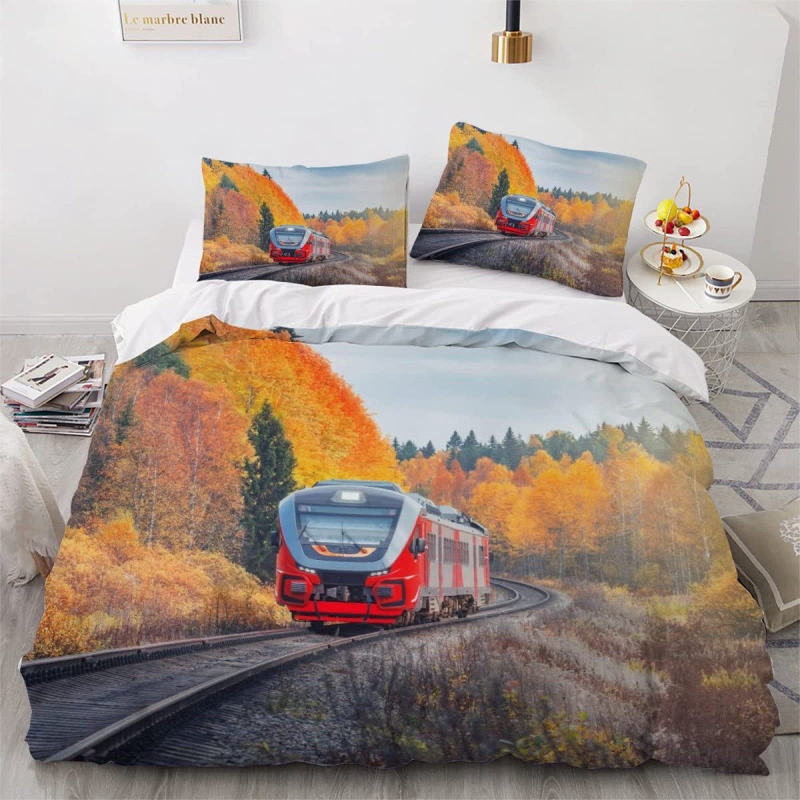 Funda Nórdica Tren De Vapor 150x200 Cm Con 2 Fundas De Almohada - Microfibra Suave, Cremallera Oculta, Diseño Clásico Ferroviario