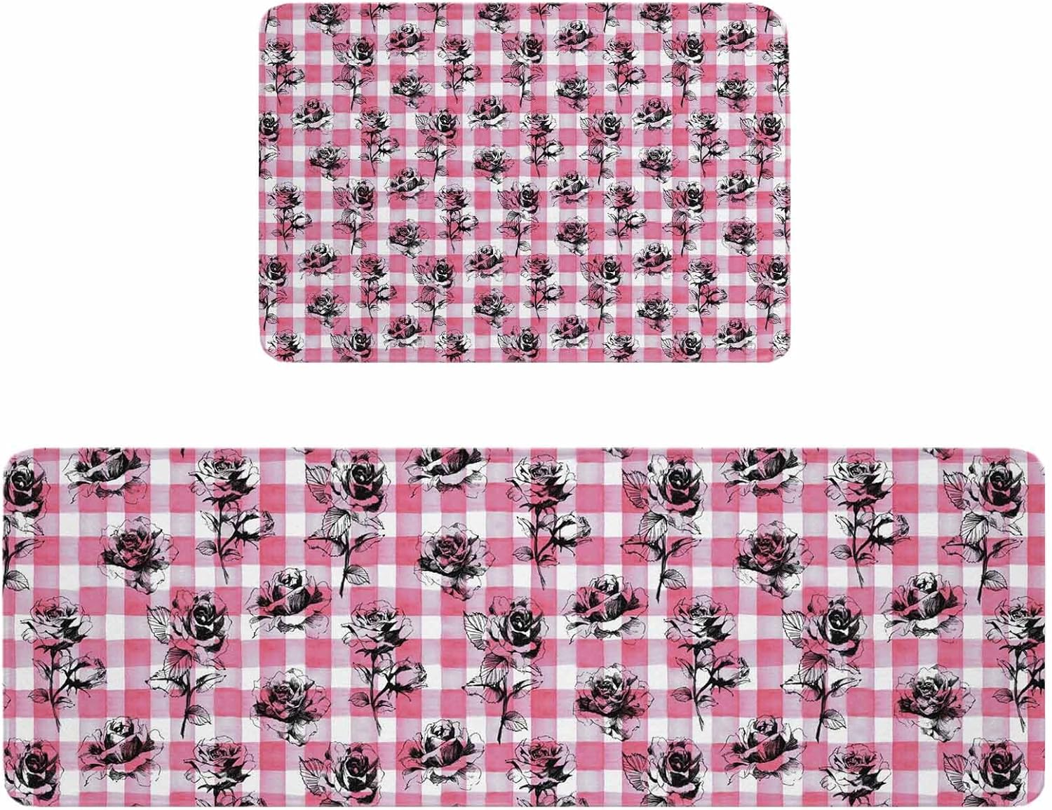 Valentine's Day Kitchen Rugs and Mats Set of 2, Non-Slip Kitchen Sink Mat, Black Roses Floral Pink Plaid Vintage Washable Doormat Bathroom Rugs Runner for Bedroom/Living Room 19.7"x23.6"+19.7"x47.2"
