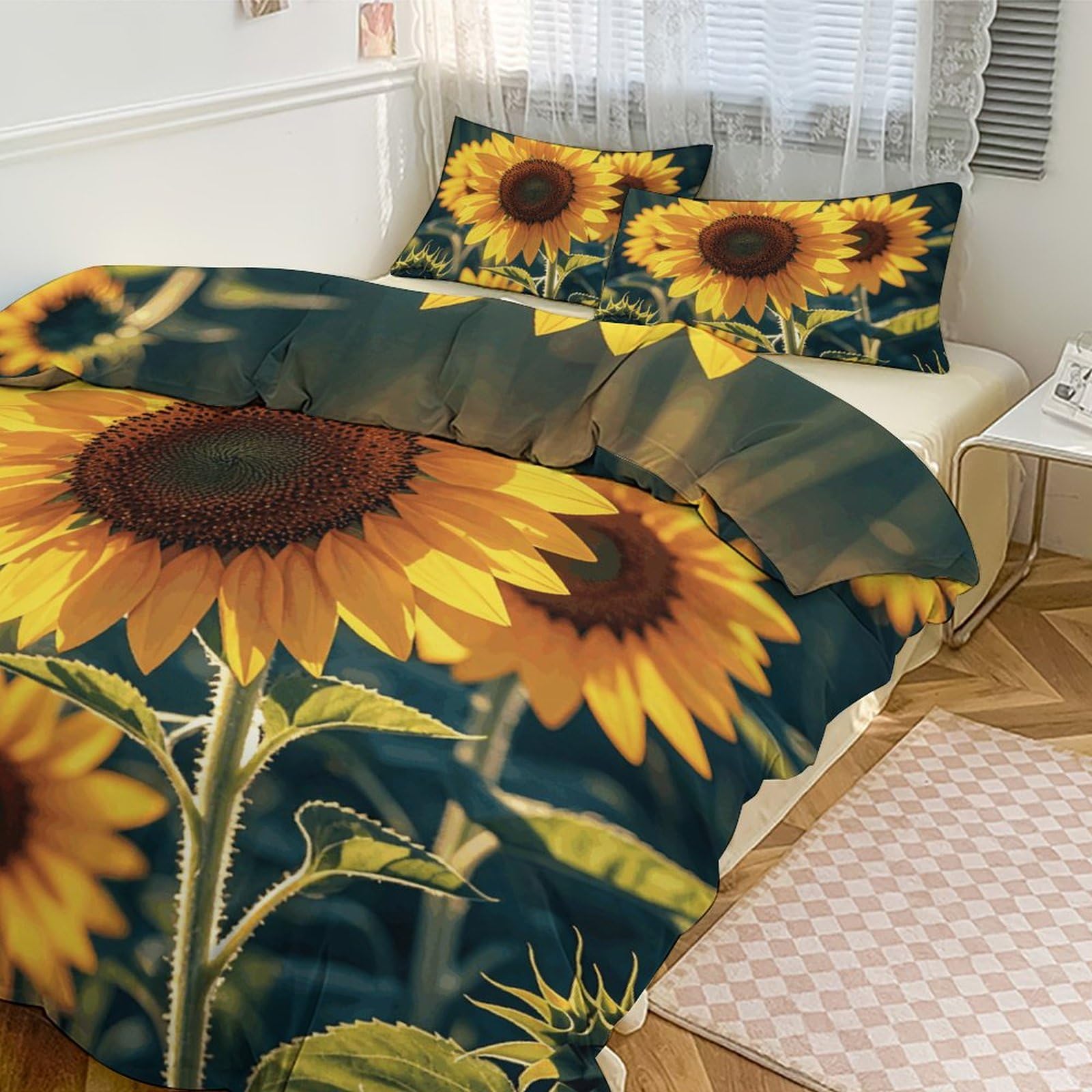Parure de lit épaisse 3 pièces avec couette pour grand lit motif tournesols mignons