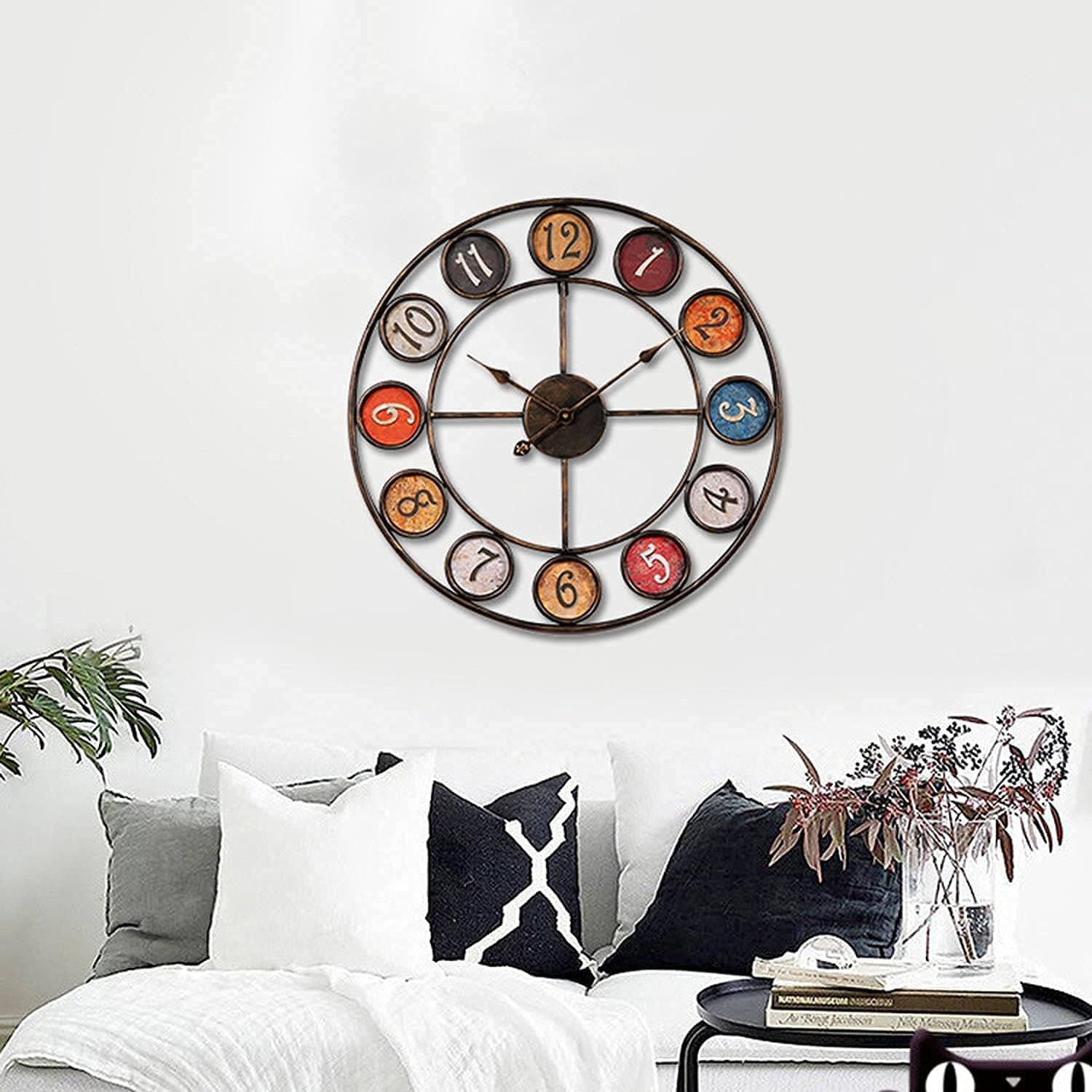 DKULMN Home Hanging Wall Clock, Includes a Thermometer, Hanging Décor for Outdoor & Garden, Large Round Antique Garden Clock Open Face Wrought Iron Waterproof Outdoor Clock