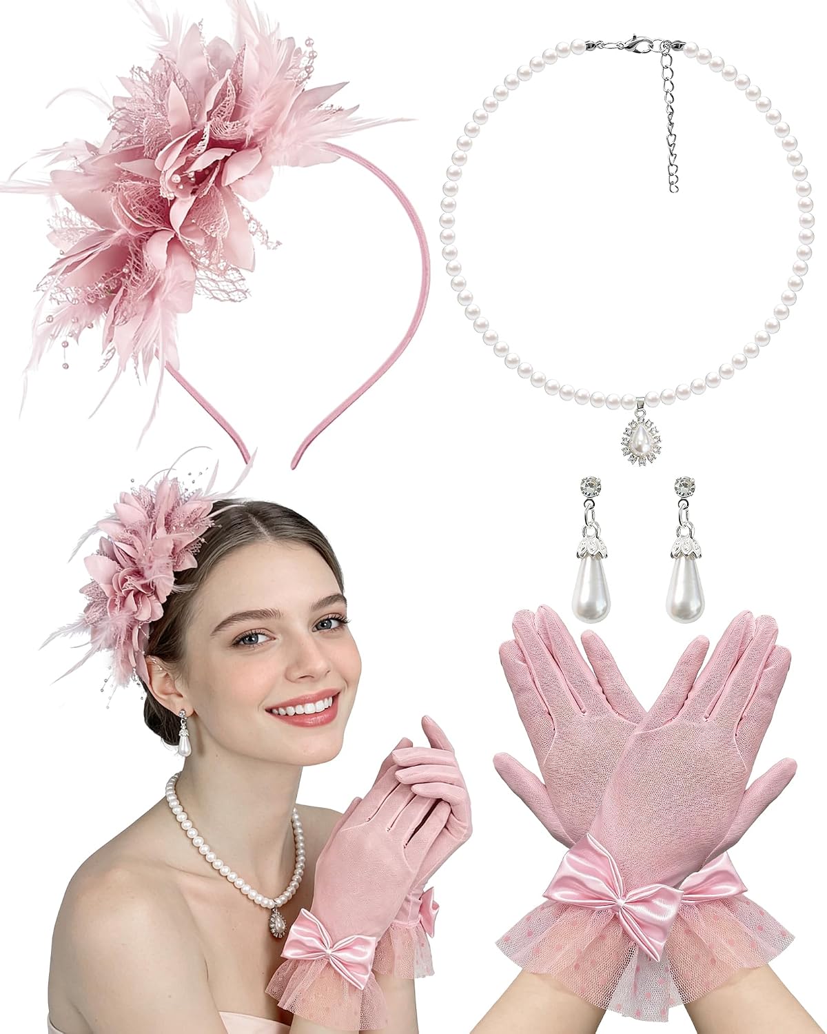 Tea Party Headband Fascinator Hat for Women Tea Party Headpiece and Lace Glove Set for Women 1920s Party