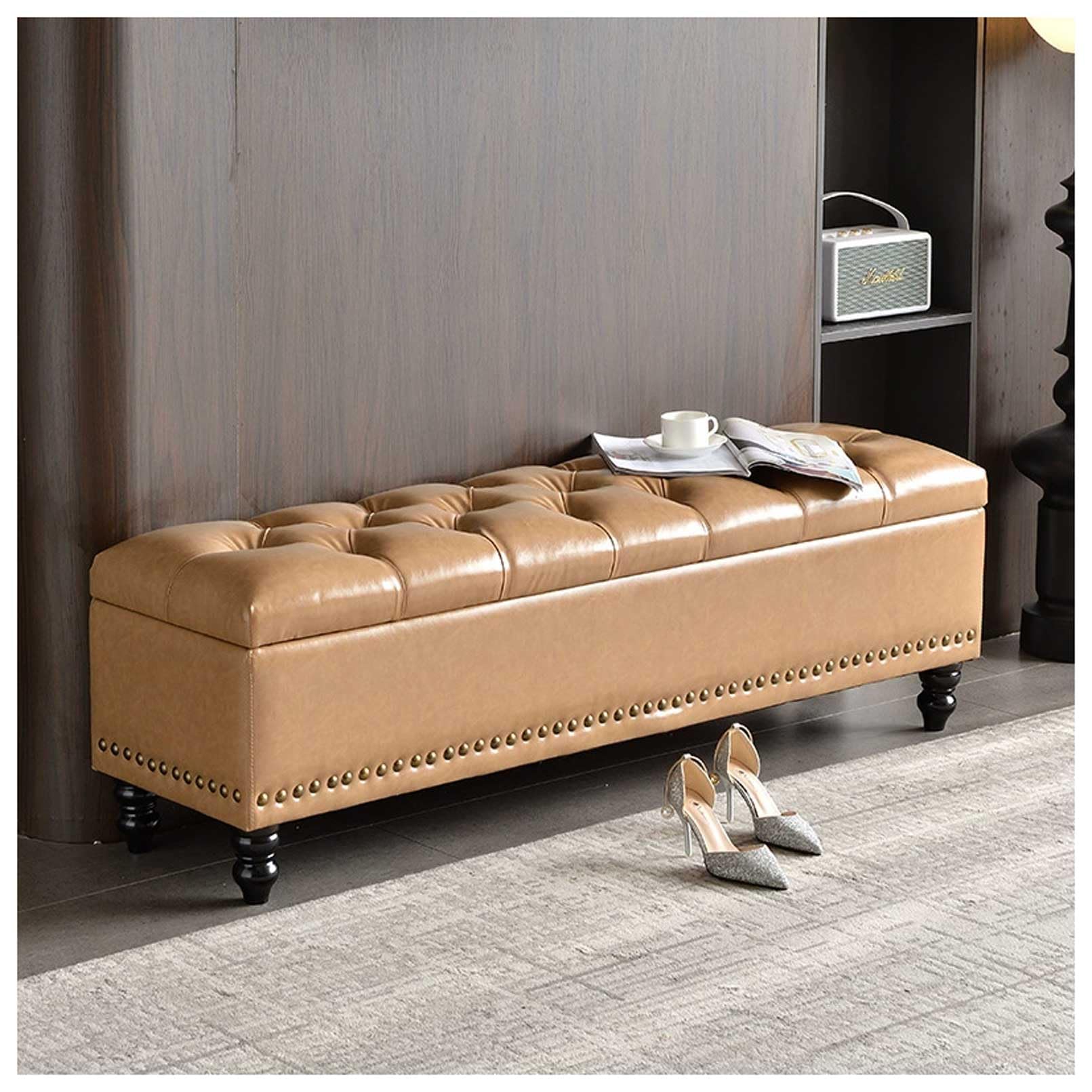 MSHGSKU Wooden Frame Storage Bench 330kg Capacity Ottoman Footrest Bed End Pouf Shoe Rack for Bedroom Copper Color 31"x15.7"x16.9" Stylish and Functional Furniture