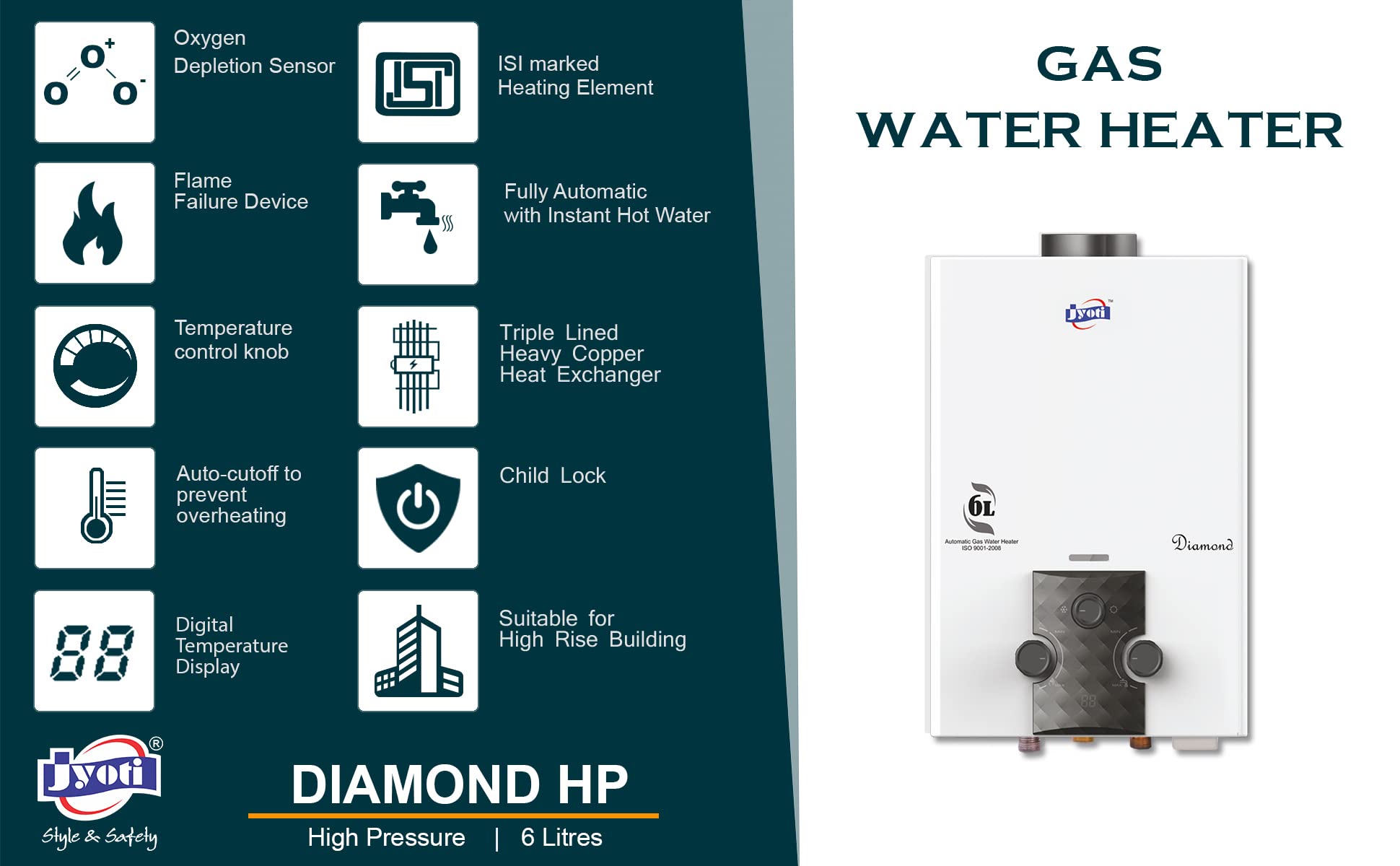 Buy Jyoti Diamond HP Instant Gas Geyser | Fully Automatic High Pressure  Pressure Gas Water Heater | 6Ltr Capacity Heavy Copper Tank | Digital  Temperature Display Online at Low Prices in India - Amazon.in