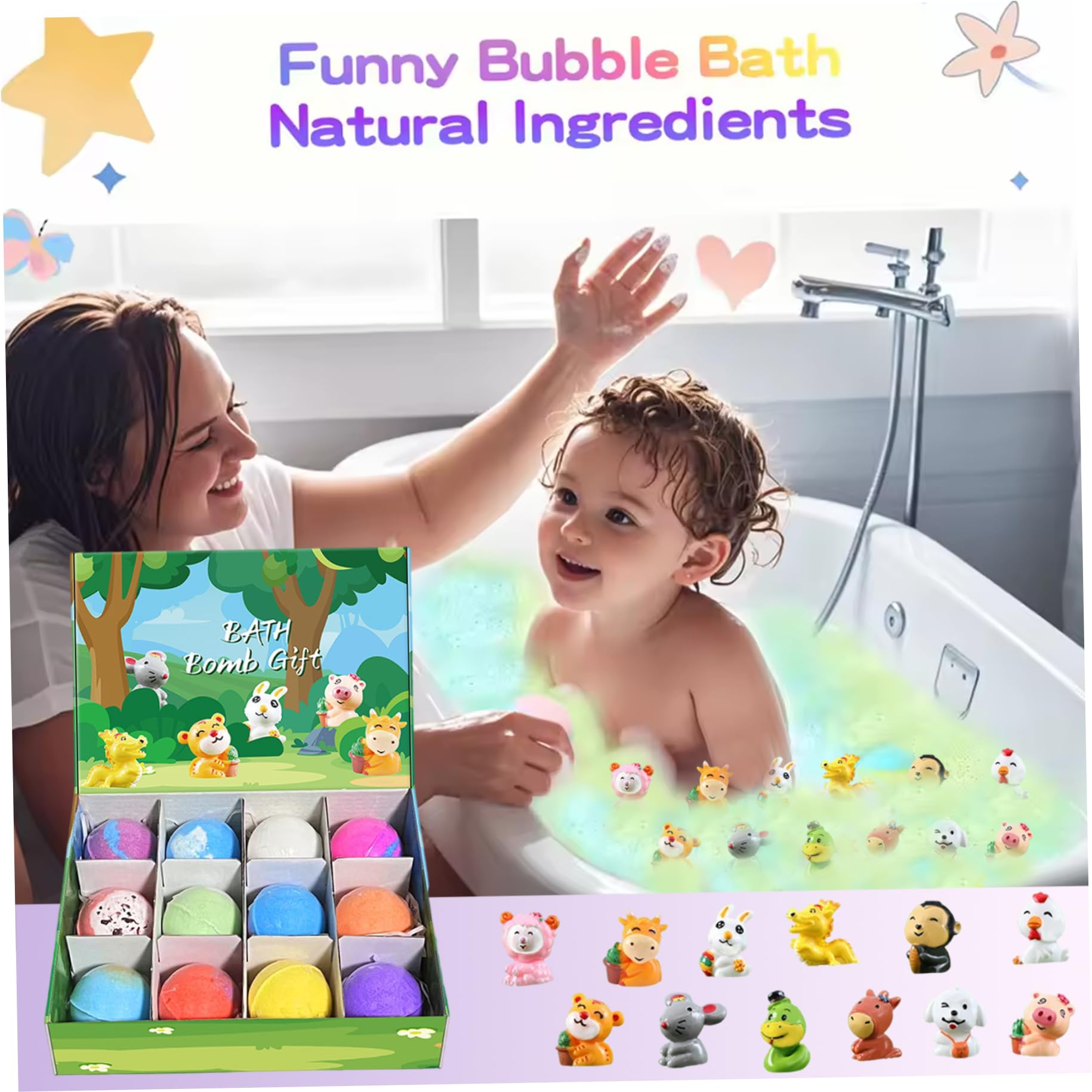 Juego de bombas de baño de 12 piezas: verde, con juguetes en el interior, seguro y apto para niños