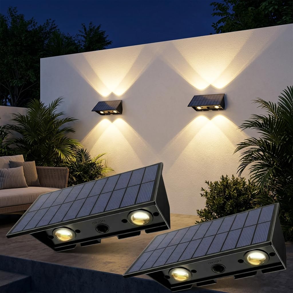 Wandleuchte Solar Außen Solar Wandleuchte Aussen Solarlampen Nach Oben und Unten Beleuchtet 4 LEDs IP65 Wasserdichte Solarleuchte Warmweiß für Garten Zäune Balkon Terrasse Treppen Dachrinne 2er