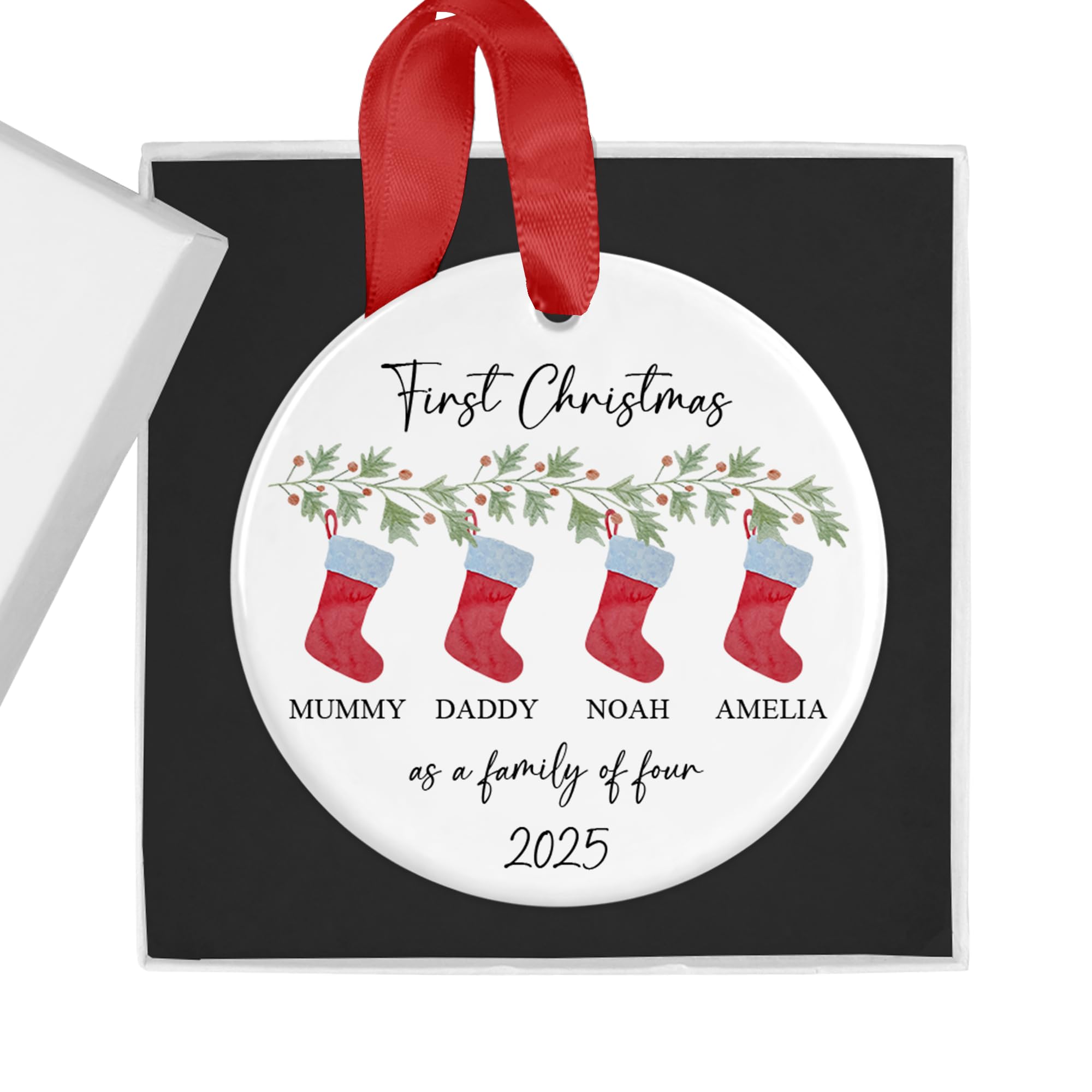 Customisable First Christmas Family Ornament - Personalised Bauble for Family of 3 or 4, New Baby Keepsake, Festive Decoration, Ideal New Parents Gift (Family Of 4)