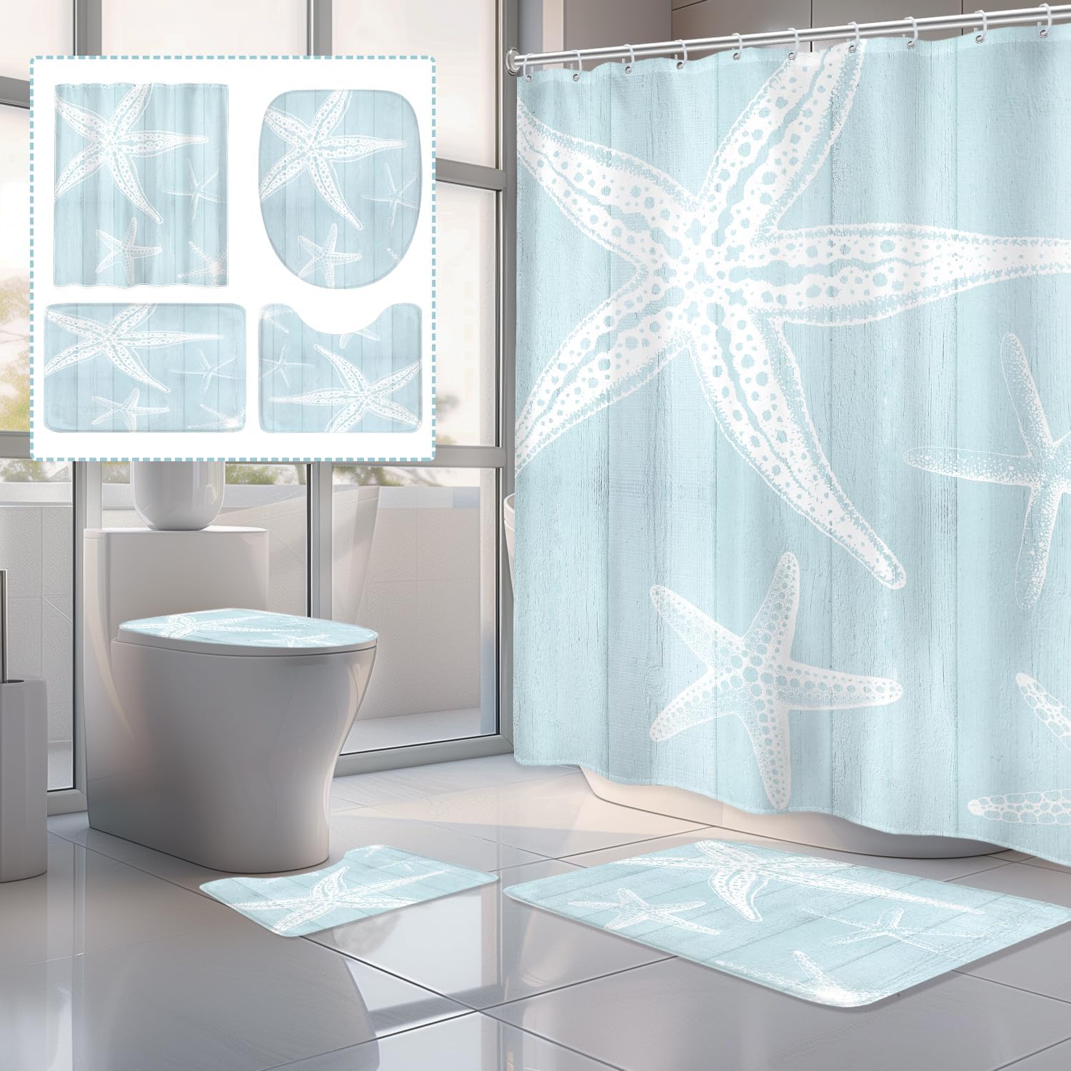 AMBZEK Beach Starfish 4Pcs Shower Curtain Sets Coastal Farmhouse Nautical Vintage Country Wooden Ocean Rustic Bathroom Decor Set with Rugs and Accessories, Bath Mat and Toilet Lid Cover, 12 Pack Hooks
