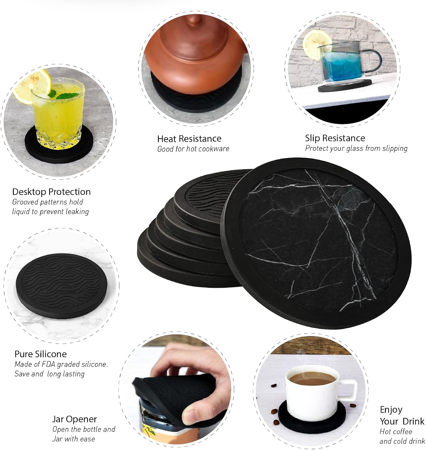 Set of 6 Non-Slip Silicone Coasters with Holder, Double-Sided Absorbent for Hot/Cold Drinks, Scratch & Water Ring Protection for Wood Tables, Home Office Bar, Black Gold Marble (Black White Pattern)