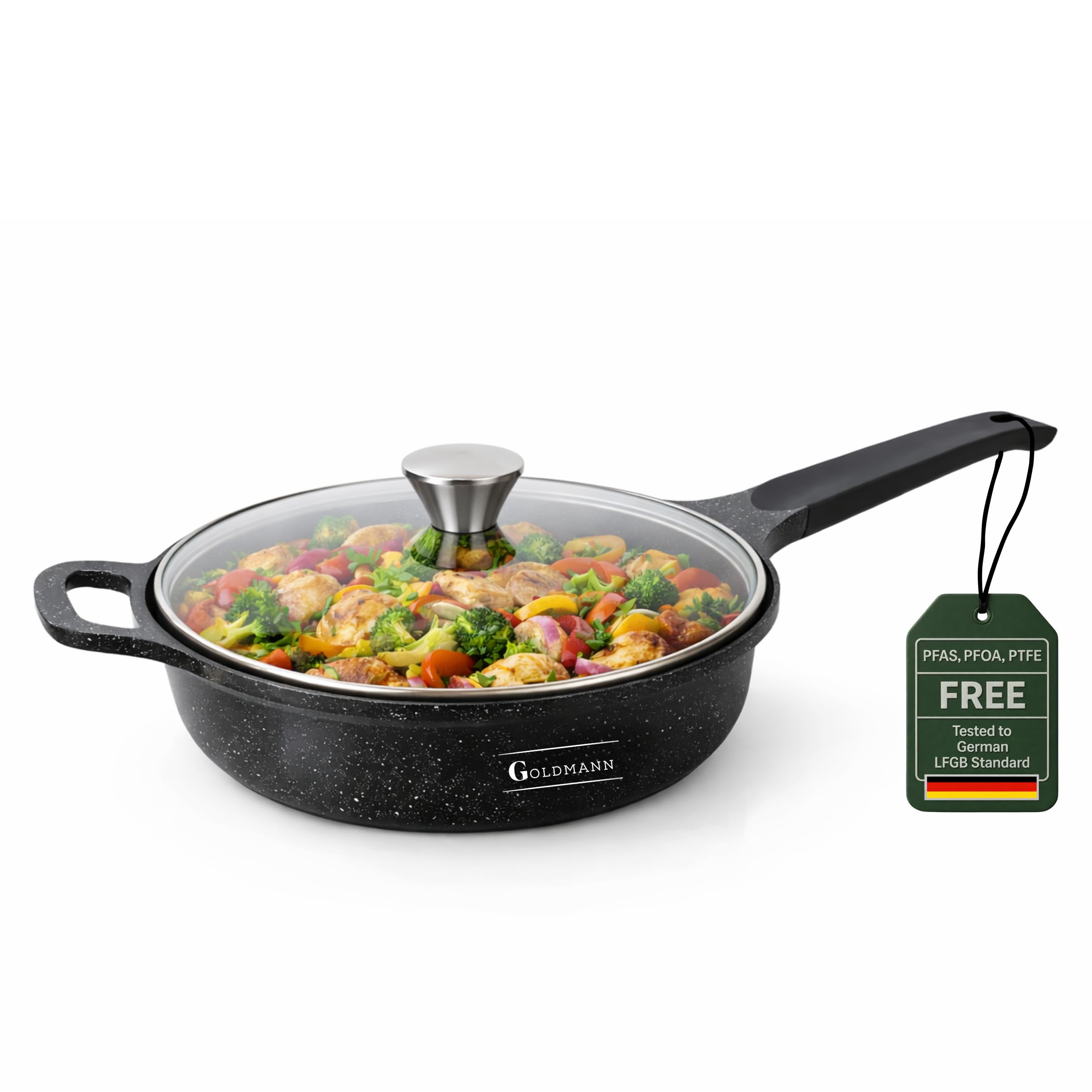 Goldmann Sauteuse 28 CM mit Deckel – Tiefe Bratpfanne aus Guss-Aluminium mit Marmor-Keramik Antihaftbeschichtung, Induktionsgeeignet, Soft-Touch Griff & Spülmaschinenfest