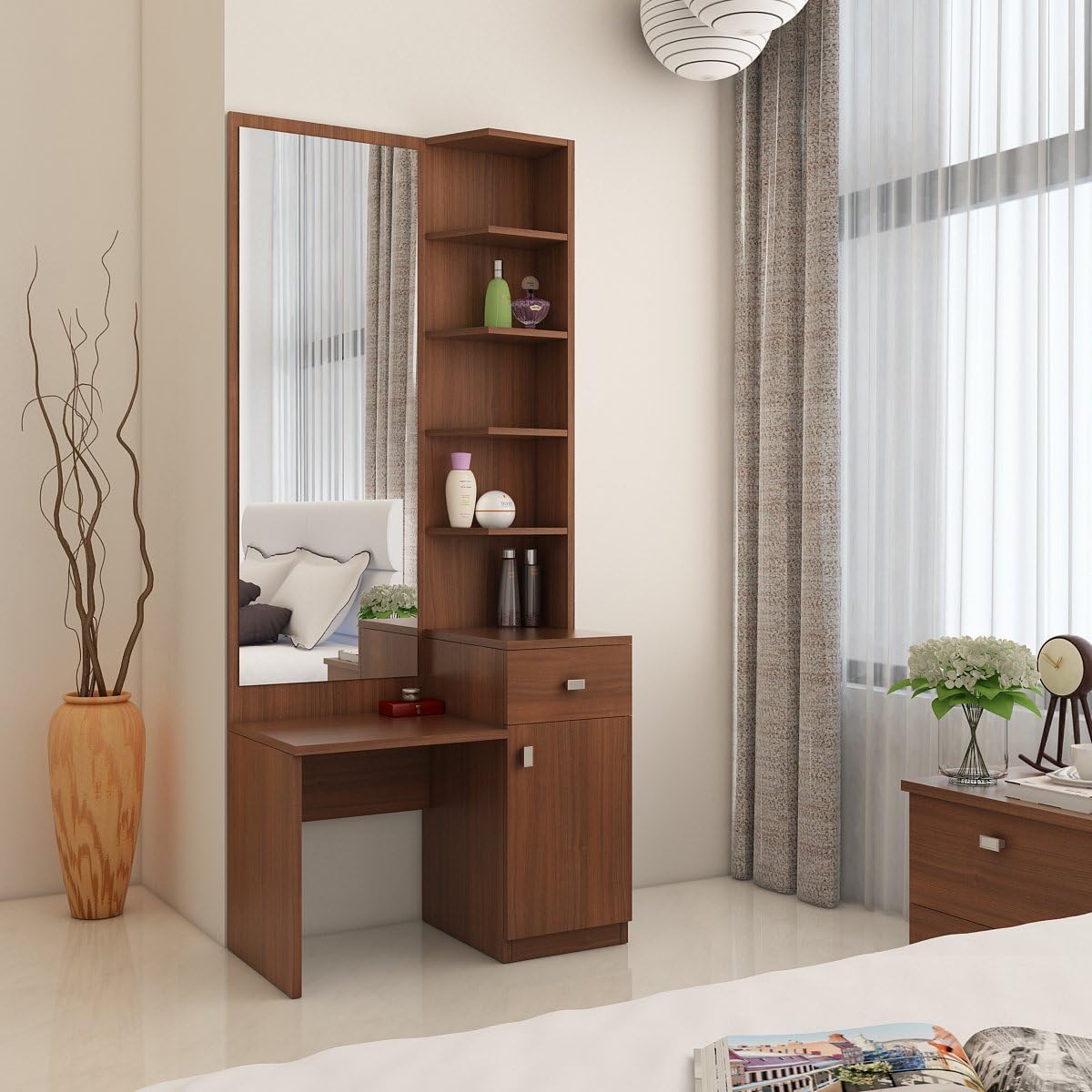 Spacewood Premium Dressing Table with Storage | 3 Year Warranty |Dressing Table with Mirror, Dresser Table|Engineered Wood - Walnut Rigato