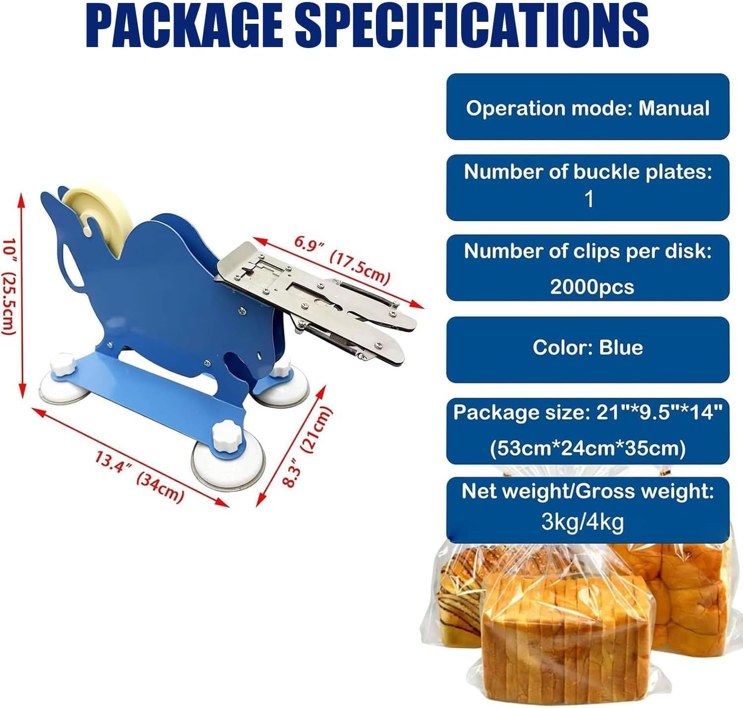 Máquina manual para sellar bolsas de pan, empacadora con cierre de acero inoxidable, con clips y 4 ventosas, para envasado de galletas, dulces y productos de panadería.