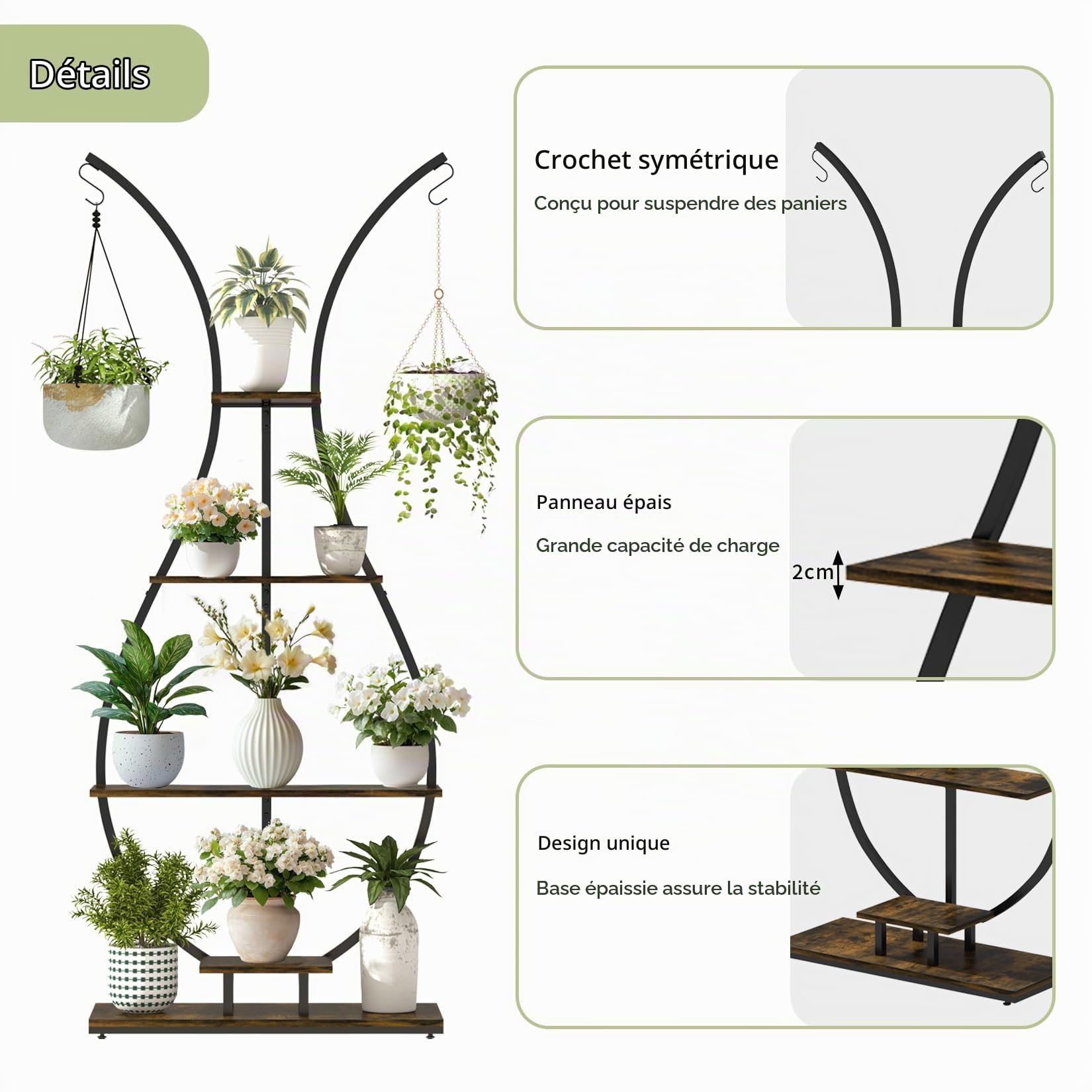 unho Support de Plantes d’intérieur Designe: 74x30x181cm Étagère Plante en Métal Porte Fleur pour Salon Balcon Présentation avec Dispositif Anti-Renversement - Brun Rustique et Noir