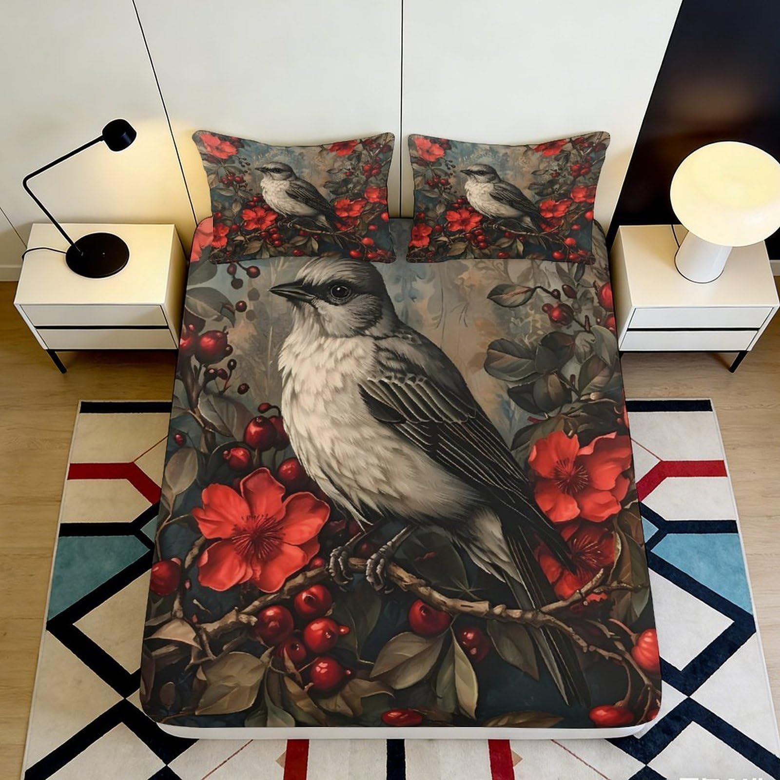 3D Printed Bird Floral Fitted Sheet Microfiber Soft Breathable Red Berry Mattress Cover for Bedroom Decor 90x200x25cm