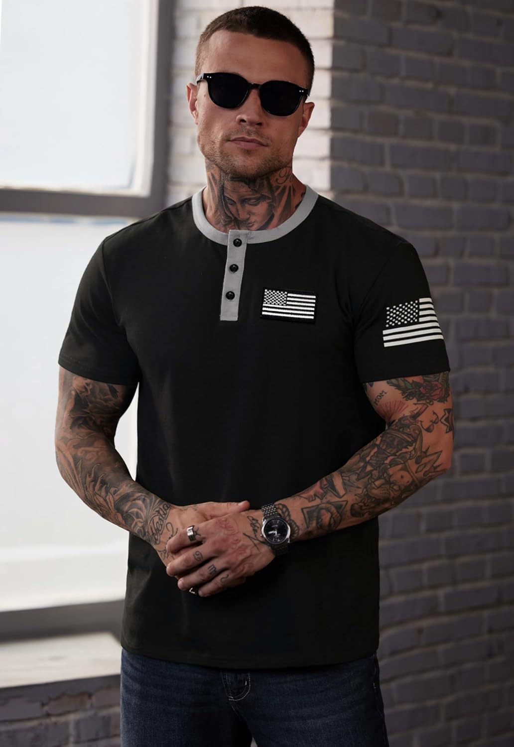 Men's Patriotic Henley Shirts Muscle Distressed American Flag 1776 Vintage T-Shirts (S-3XL) - Image 3