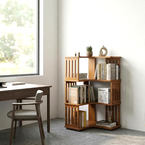 3-Tier Bookshelf, L-Shaped Corner Bookshelf, Wooden Geometric Reversible Bookcase, Freestanding Storage Display Shelf, Modern Book Shelves for Living Room, Bedroom, Home Office, Walnut