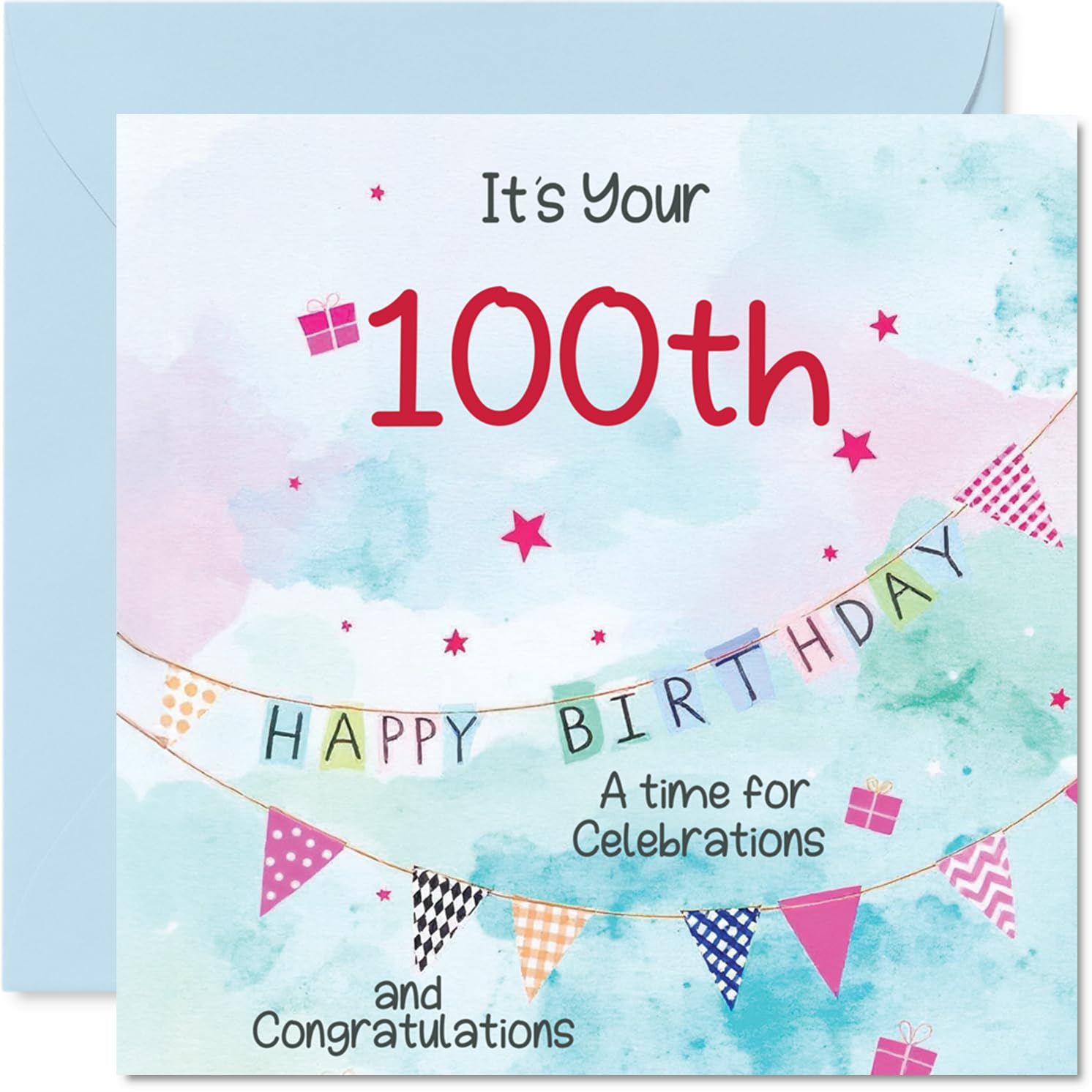 100th Birthday Cards for Men - Party Bunting - Happy Birthday Card for 100 Year Old Man Dad Husband Great Grandad Grandpa, 145mm Bday Greeting Cards