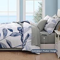 Vista 4 de WRENSONGE Juego de edredón Queen - Juego de ropa de cama suave de 7 piezas con hojas tropicales azules, cama costera en una bolsa, edredón estampado