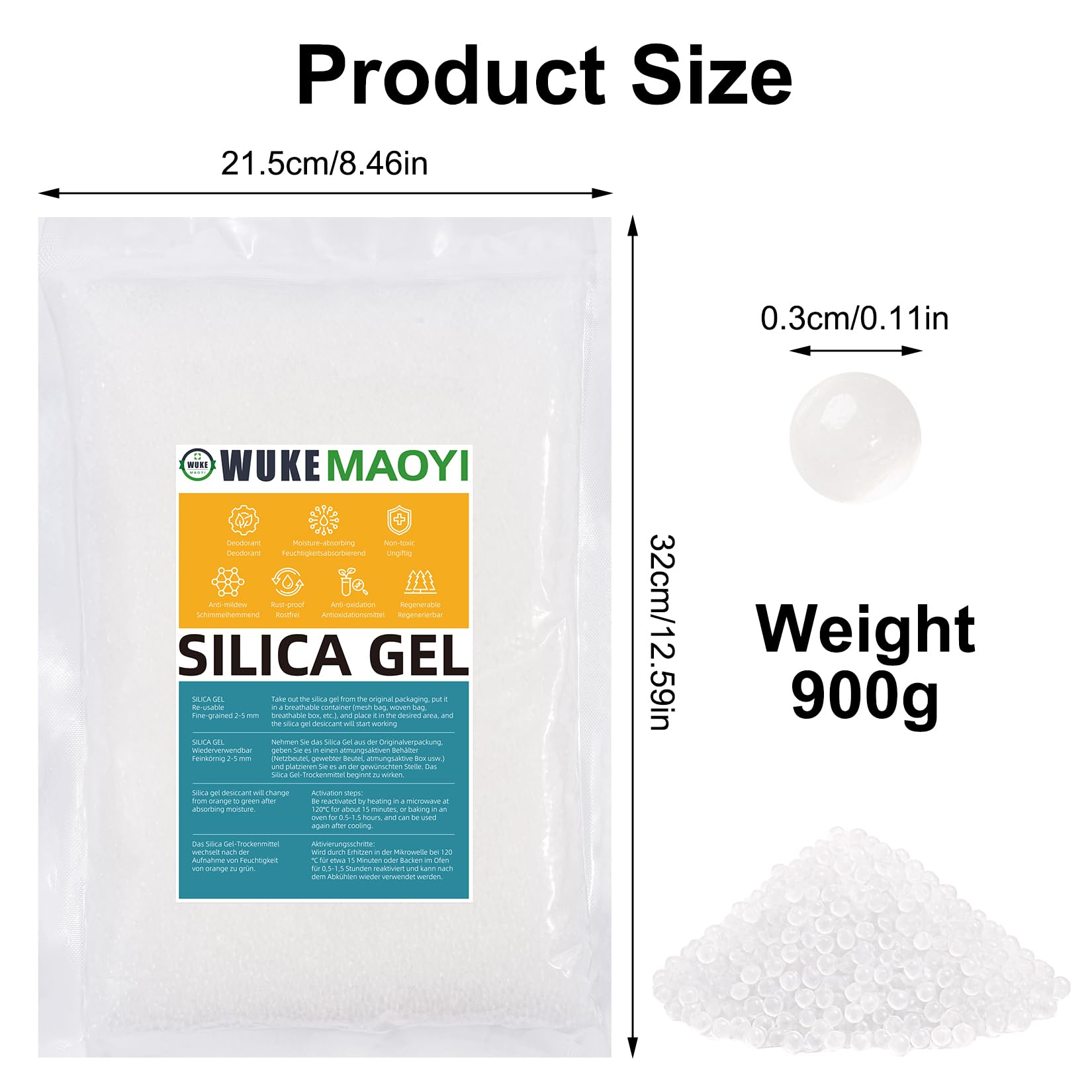 900g Silica Gel Reutilizable, Gel de Sílice, Perlas Desecantes Bolsas Silicagel de Deshumidificador con Indicador de Humedad de Color, Naranja a Verde