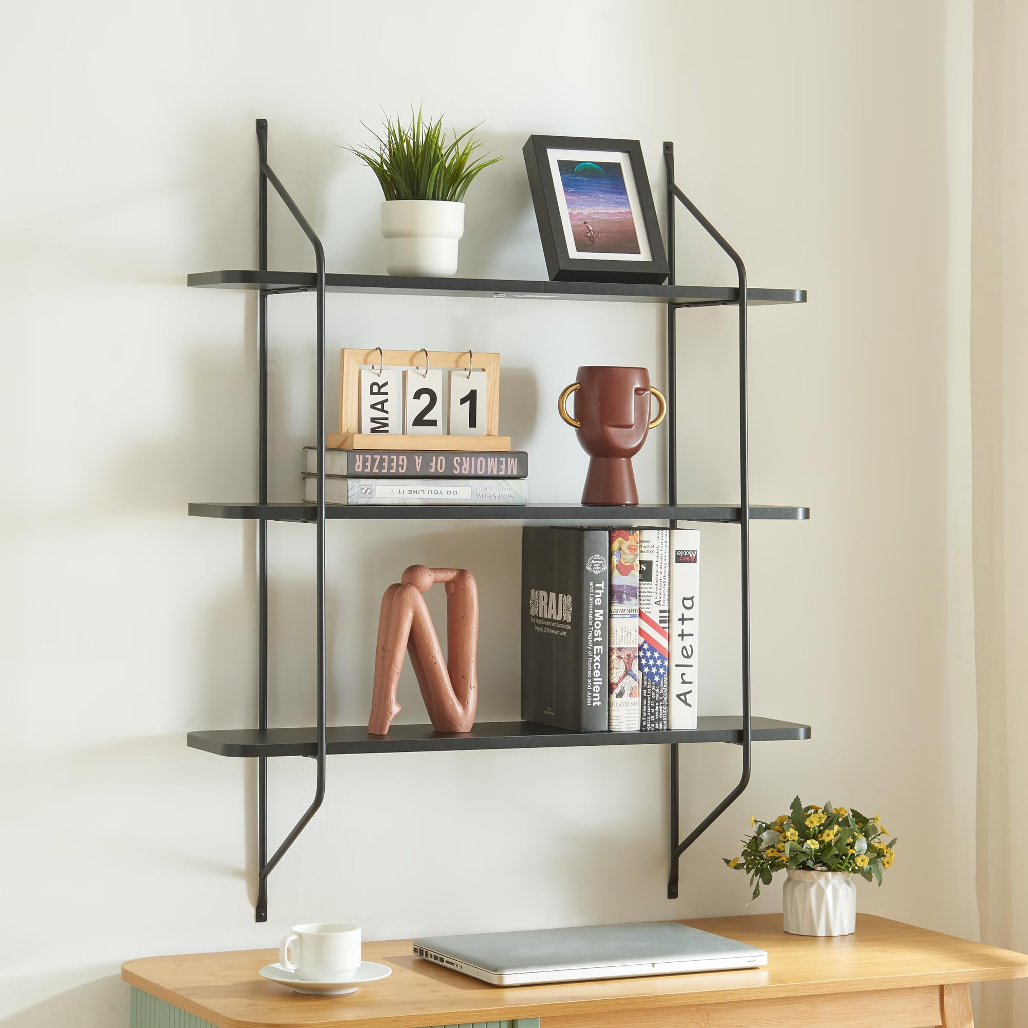 [en.casa] Scaffale da Parete a 3 Ripiani Scaffale Pensile Mensola da Muro Salvaspazio 100 x 80 x 21 cm per Soggiorno Cucina Bagno Ufficio - Nero