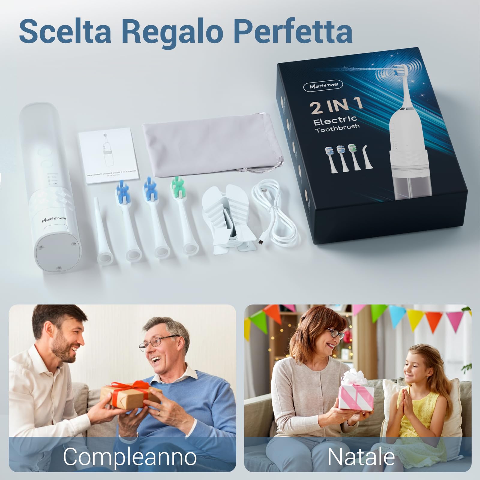 Marchpower 2-IN-1 Spazzolino Elettrico e Idropulsore Dentale Portatile con Modalità 3 x 4, 40000VPM Irrigatore Dentale, Spazzolino Sonico con 3 Testine & 1 Beccuccio per la Casa, Viaggio