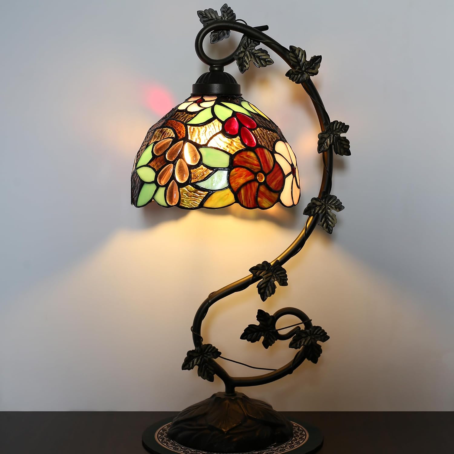 Tiffany Table Lamp Stained Glass Small Lamp 8 x 10 x 21 Inches Metal Leaf Base Bedroom Living Room Study Desk Reading Light (Grape Style)