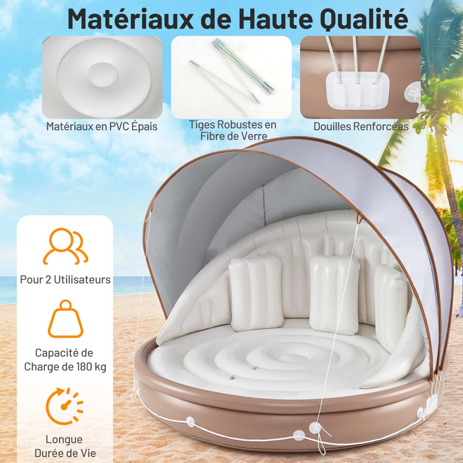 GOPLUS Île Flottante Gonflable Avec Auvent – 2-3 Places, 186x186x155 Cm, Charge 200 Kg, Pour Piscine, Plage Ou Jardin, Sans Souffleur