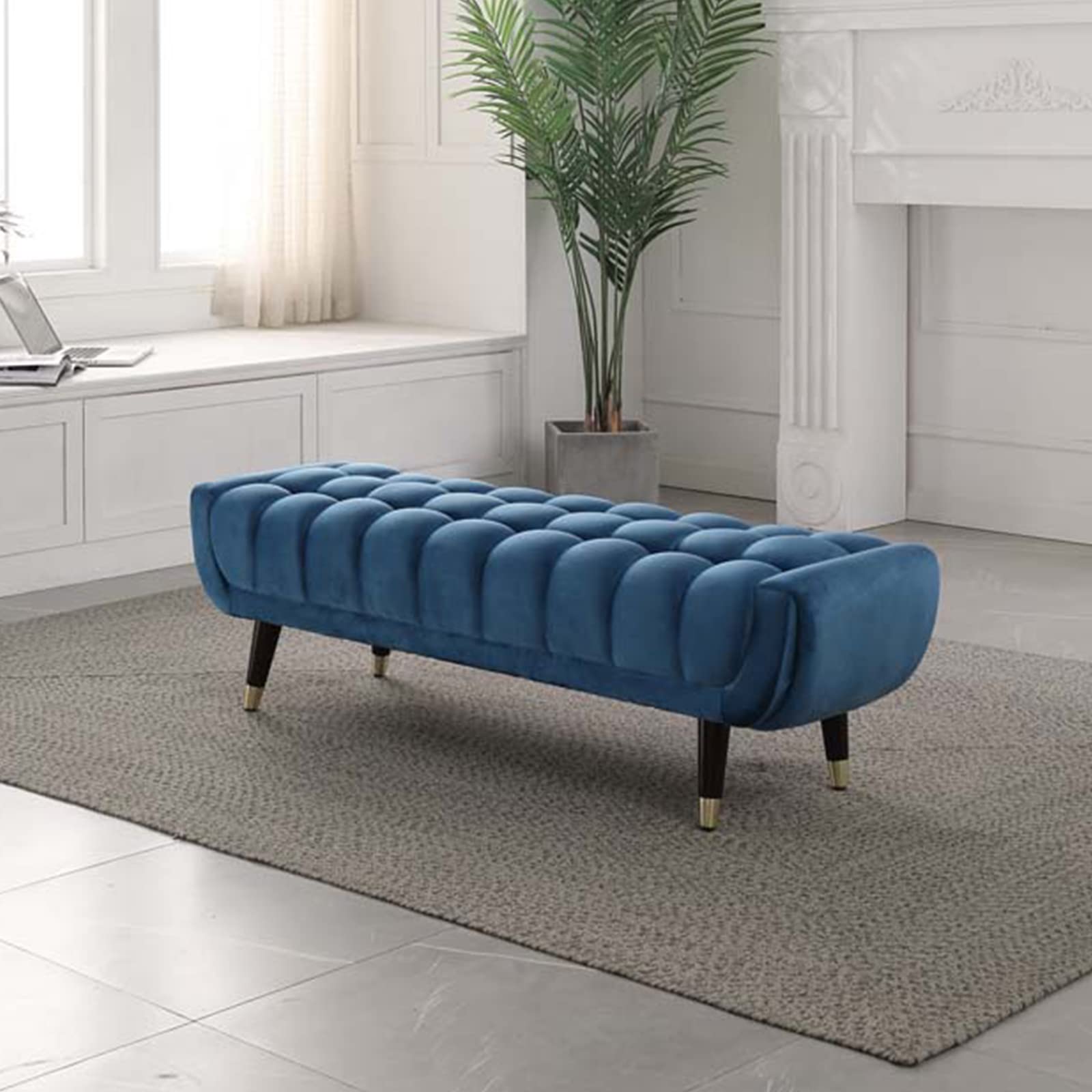 Banc de bout de lit rembourré rectangulaire bleu velours avec assise capitonnée 80cm