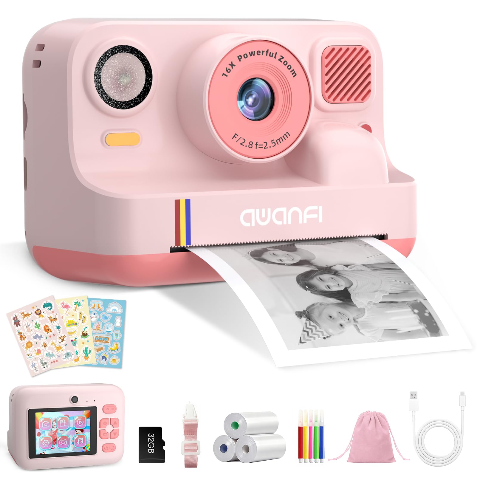 Camara Fotos Infantil Instantanea, 2,4 Pulgada Cámara de Fotos para Niños, con Tarjeta de 32G, 3 Rollos de Papel de Impresión, 1080P Cámara Instantánea, Regalo para Niños y Niñas de 3 a 12 Años