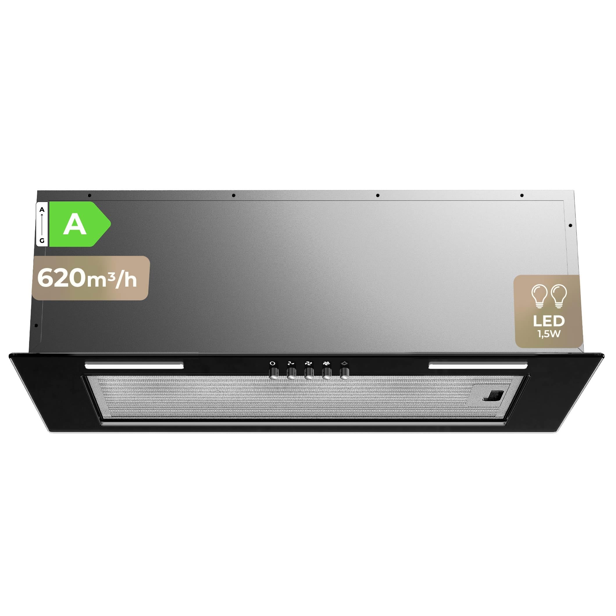 Campana Extractora 60 cm EVVO CEi50 Black - Clase A, Succión 620 m3/h, Motor 70W, Campana Extractora Integrable con Filtro de Carbón Activo y Aluminio, 3 Velocidades + Boost, Temporizador, Negra
