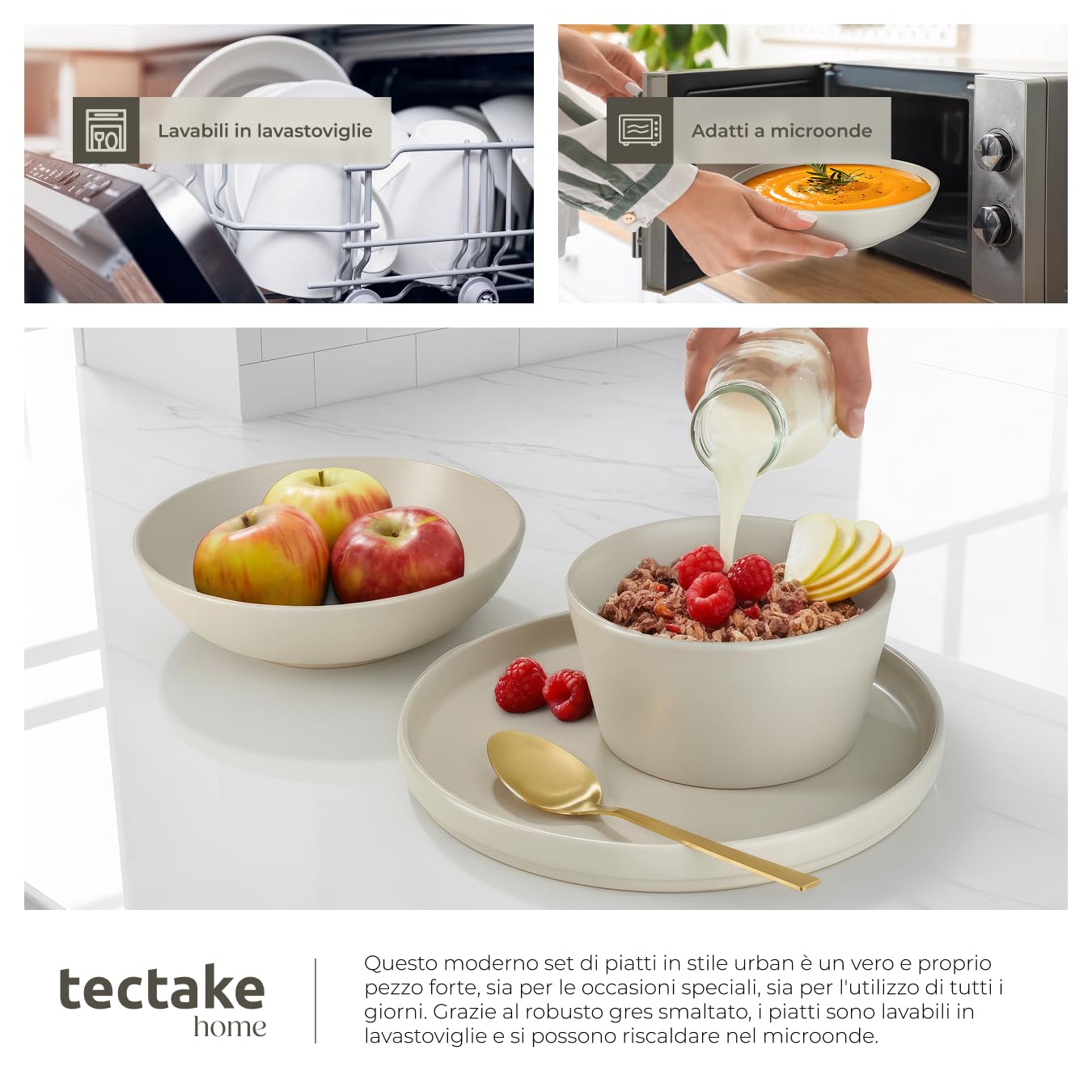 tectake® Set stoviglie 24 pezzi terracotta, servizio piatti 6 persone, set piatti moderni grandi, piccoli, fondi, ciotole, gres smaltato, design moderno, adatto lavastoviglie microonde - Tortora
