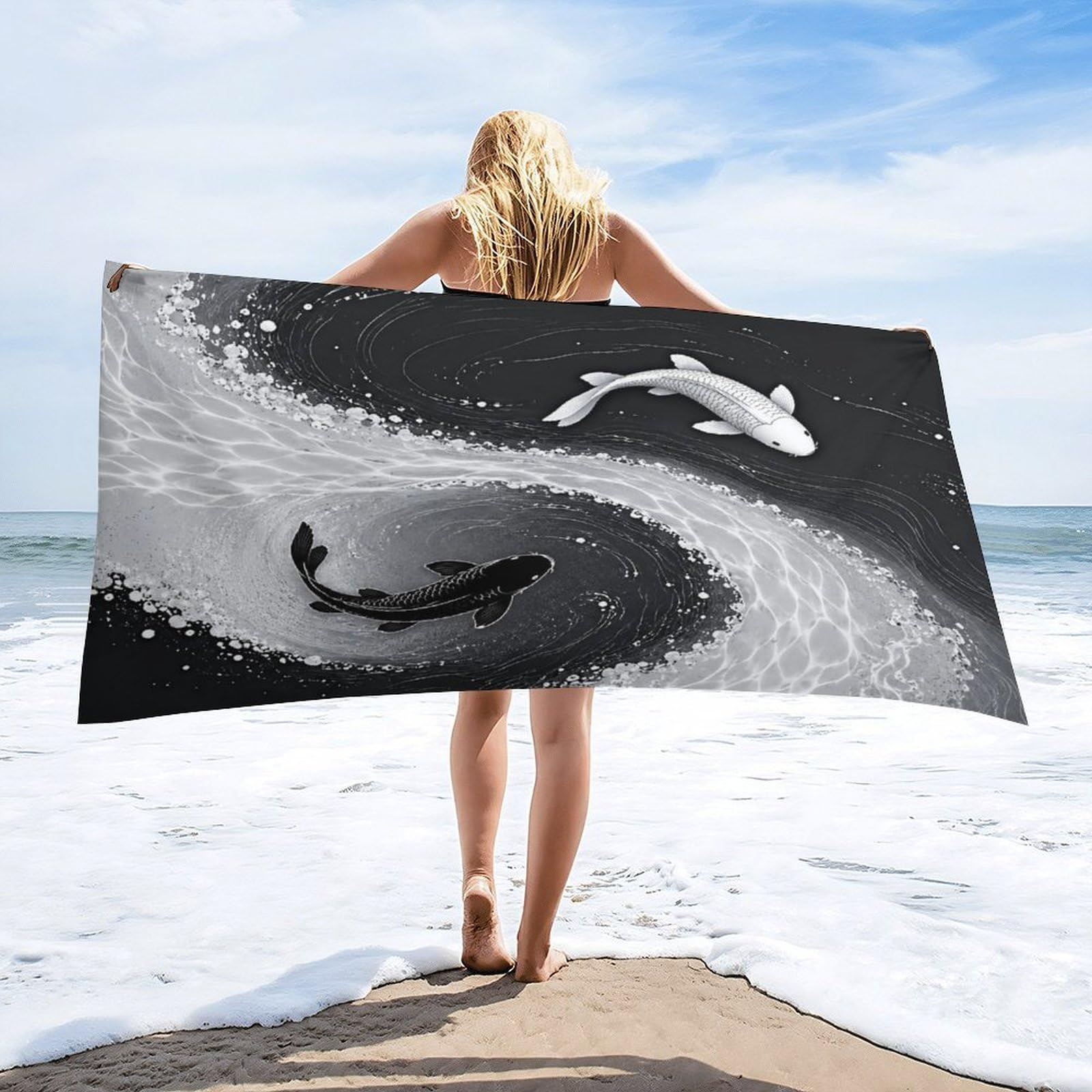 Anceky Yin Yang Koi Fish Beach Towel 30"×60",Soft Microfiber Bath Towel Shawl, Quick Dry Absorbent Pool Spa Gym Shower Towel