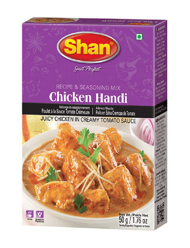 Shan Chicken Handi Recipe and Seasoning Mix 1.76 oz (50g) - Spice Powder for Juicy Chicken in Creamy Tomato Sauce - Suitable for Vegetarians - Airtight Bag in a Box (Pack of 24)