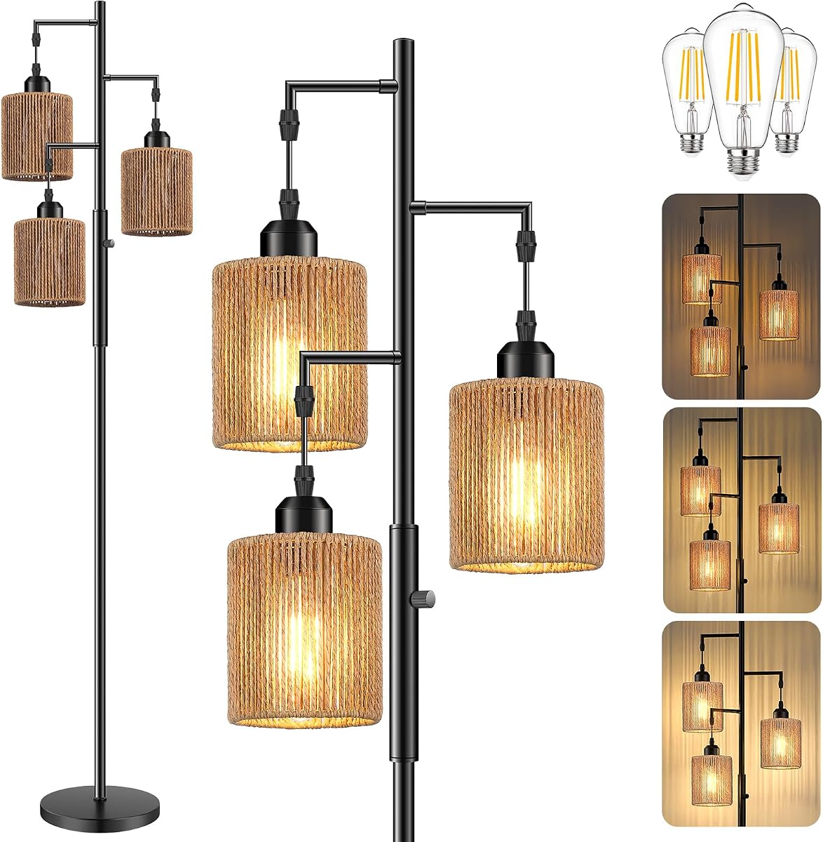 Hotsonic 72" Boho Rattan Tree Floor Lamp, Tall Dimmable Industrial Standing Lamp, Corner Decor Accent Lighting for Living Room, Bedroom, Dining Room, Nursery, Cafe (3 x 800LM Bulbs Included) - Black